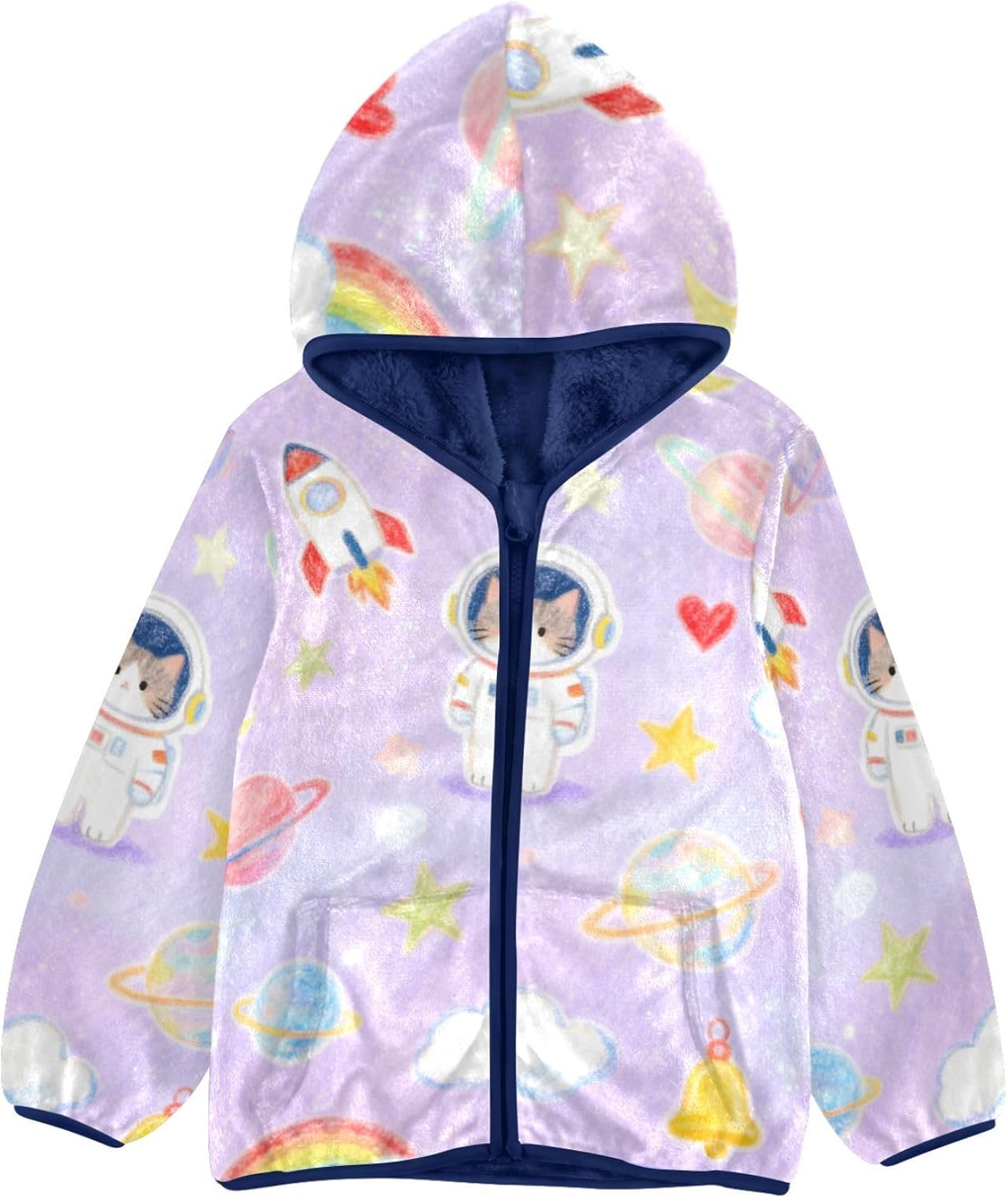 Cartoon Purple Space Cat Palnet Toddler Boy Fleece Jacket Children Plush Outerwear Navy Blue Trendy Baby Boys Clothes