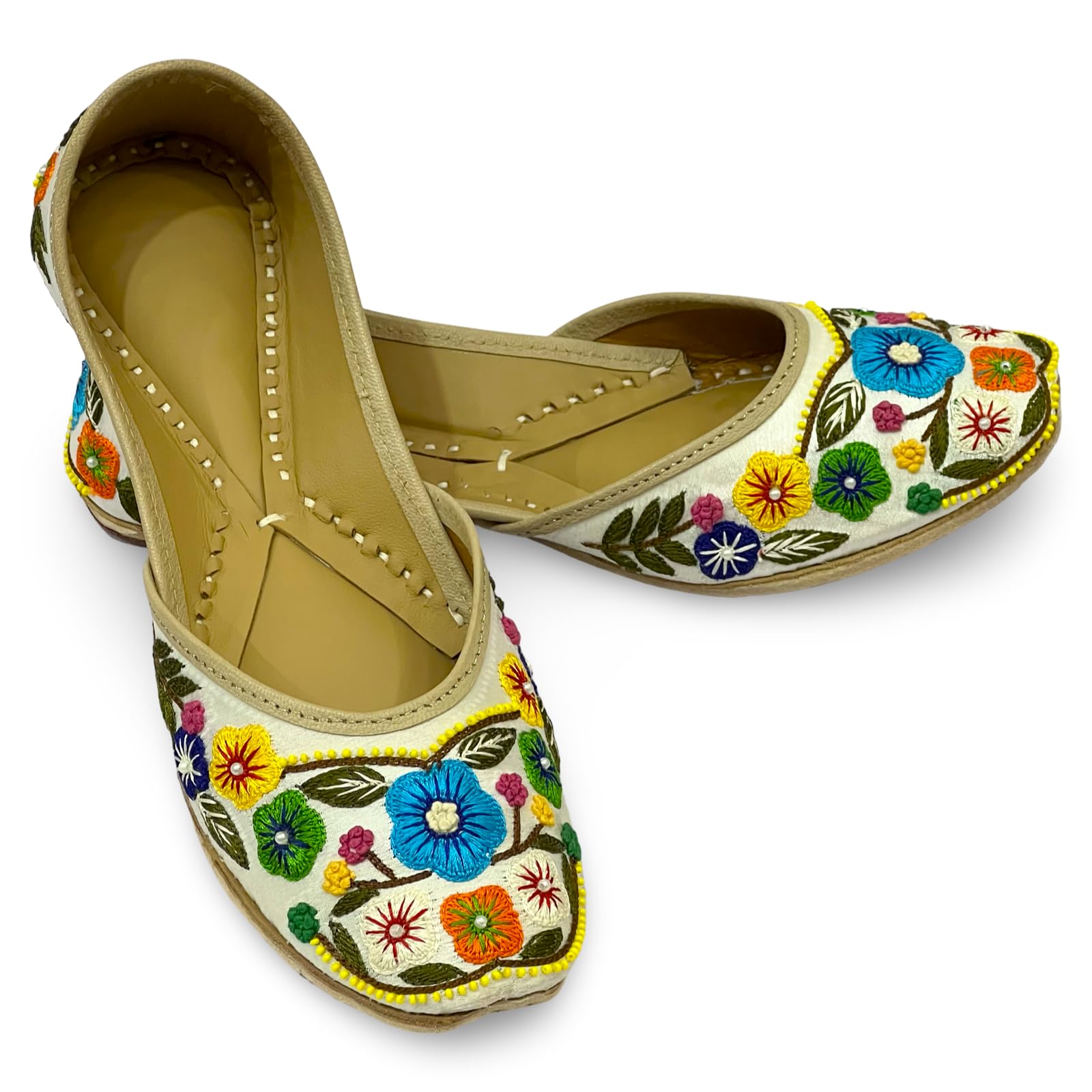 punjabis hand art Rangriti || Women's Embroidered Jutti, White Base Flats with Multicolour Floral Design, Traditional Punjabi Jutti-picture-10