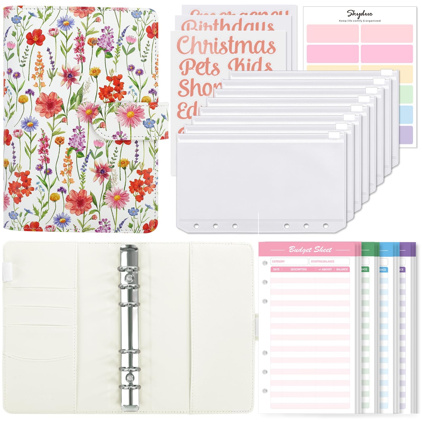 SKYDUE A6 Budget Binder, Money Organizer for Cash with 8pcs Zipper Envelopes,12pcs Expense Budget Sheets & 24 Rose Gold Sticky Labels, Money Saving