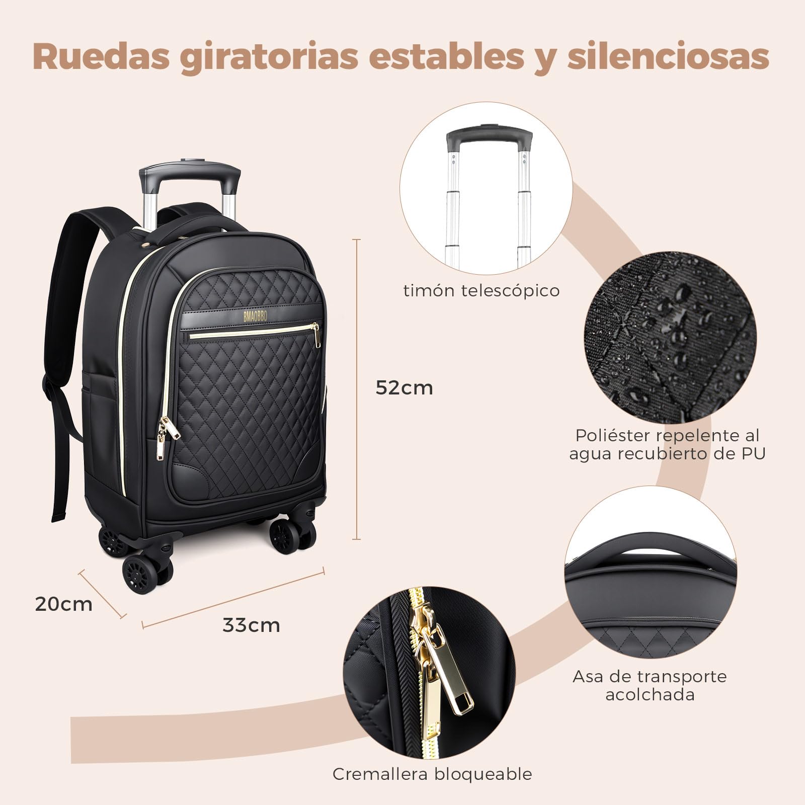 Mochila con Ruedas Adulto,Mochila Viaje Cabina Avion, Grande y Resistente, Compatible con Portátil de 15.6 Pulgadas, Ideal para Viajes, Trabajo y Escuela