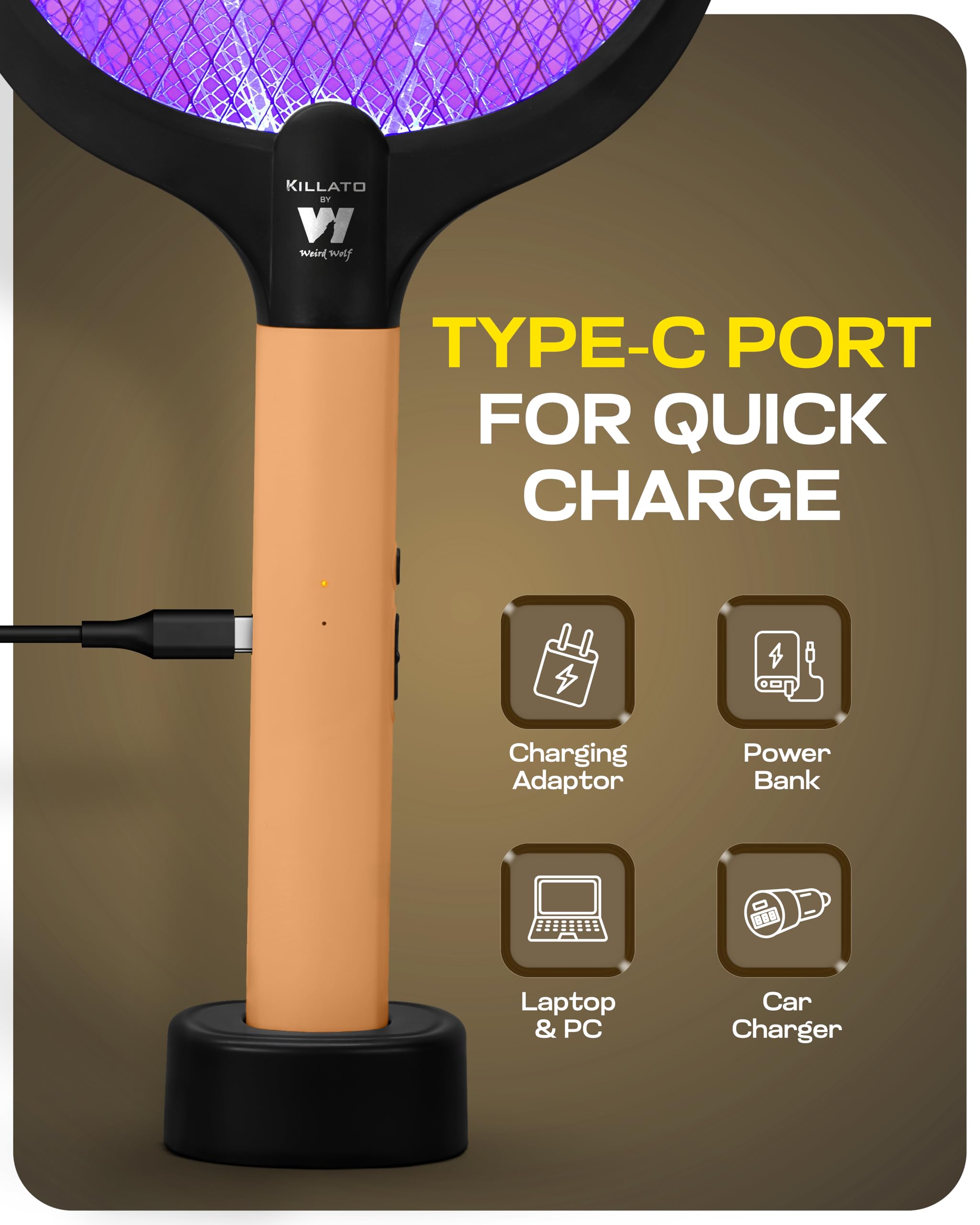 WEIRD WOLF 2 in 1 UV Light Mosquito Bat Racket Electric Fly Swatter with Base Stand, Lithium Battery, USB Type-C Charging, Warranty, Peach/Black