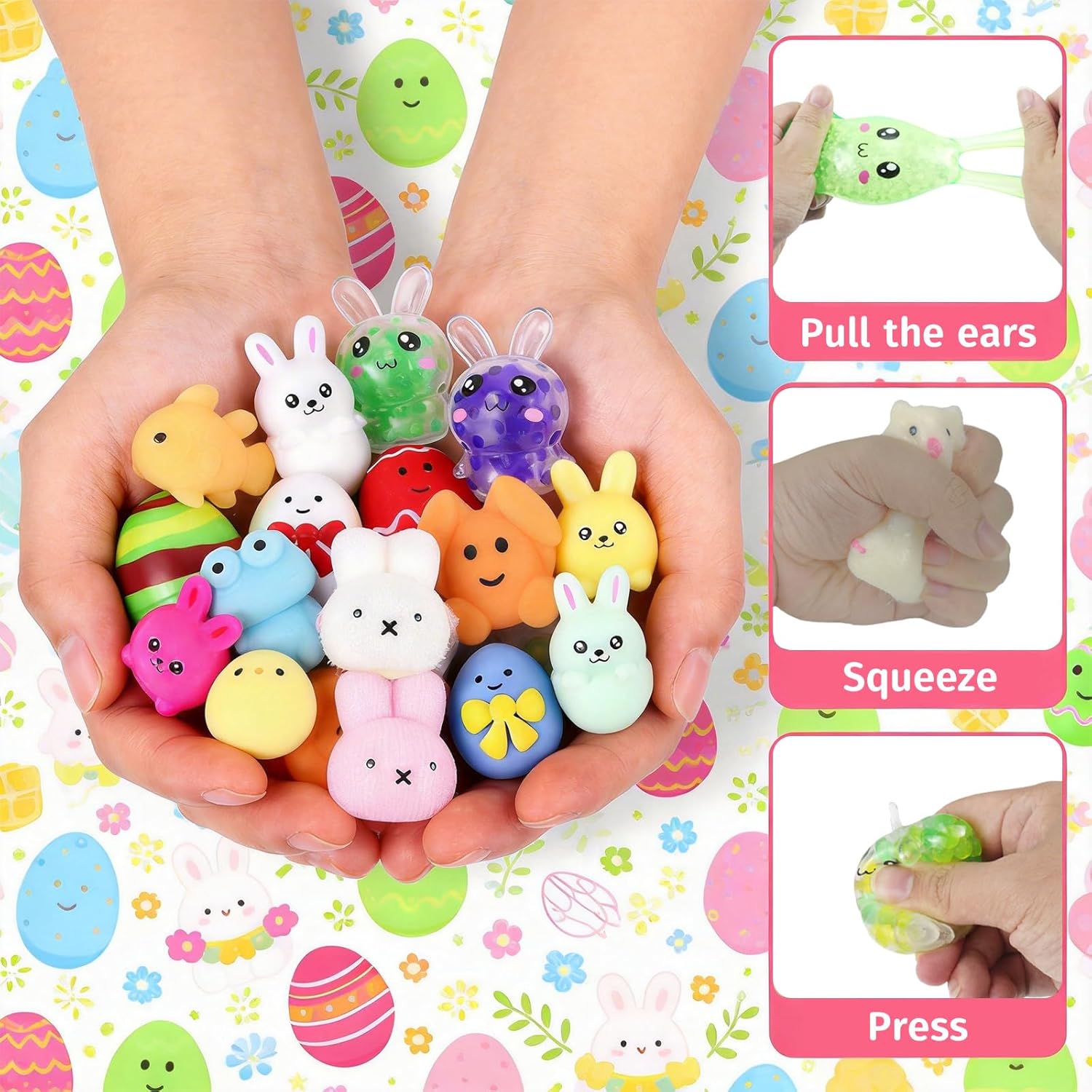 Gytera 60 PCS Easter Squishies Fidget Toys, 24pcs Eggs Shells & Bunny, Hamster, Ice Cubes, Squishies Stress Balls for Stress Relief, Easter Basket Stuffers Easter Gifts