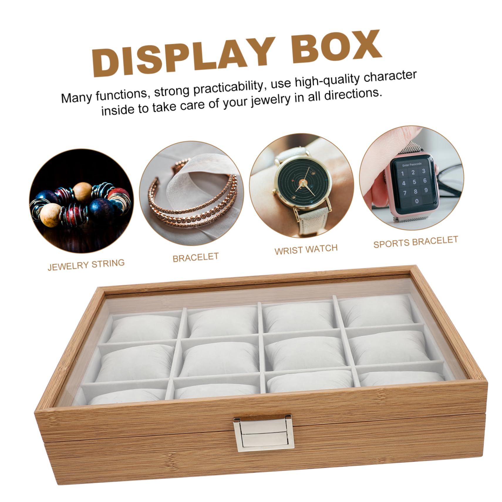 SOIMISS Bandeja De Madera Para Relojes 12 Compartimentos Organizador De Joyas Vitrina Con Tapa Transparente