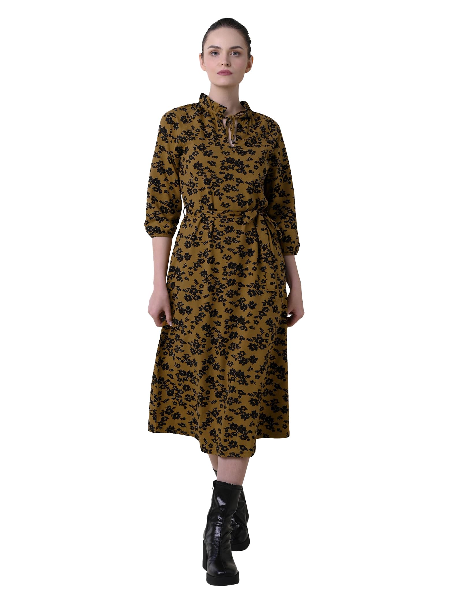 Enorsia Womens Tie Frill Neck Printed Midi Dress with 3/4 Puff Sleeves, Elasticated Cuff, Frilly Detail On The Neck (Gold, 14)