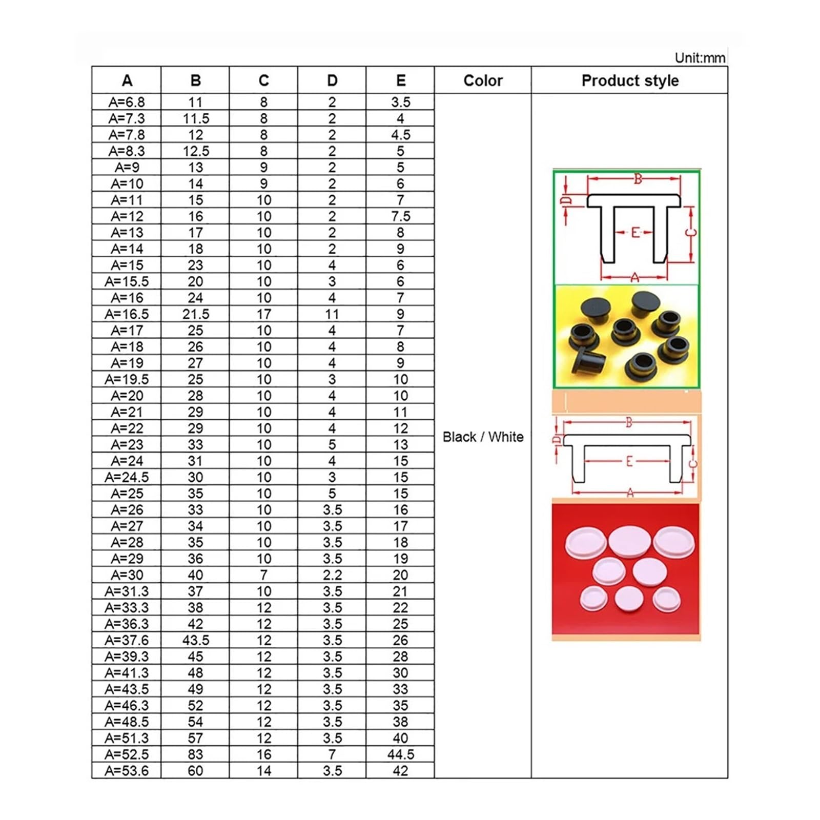 Zaślepka z silikonowej Wtyczka do precyzyjnego przetwarzania, A=6,8 mm ~ 21,5 Opcjonalnie, zaślepka w kształcie litery T(24.5mm - 2pcs)