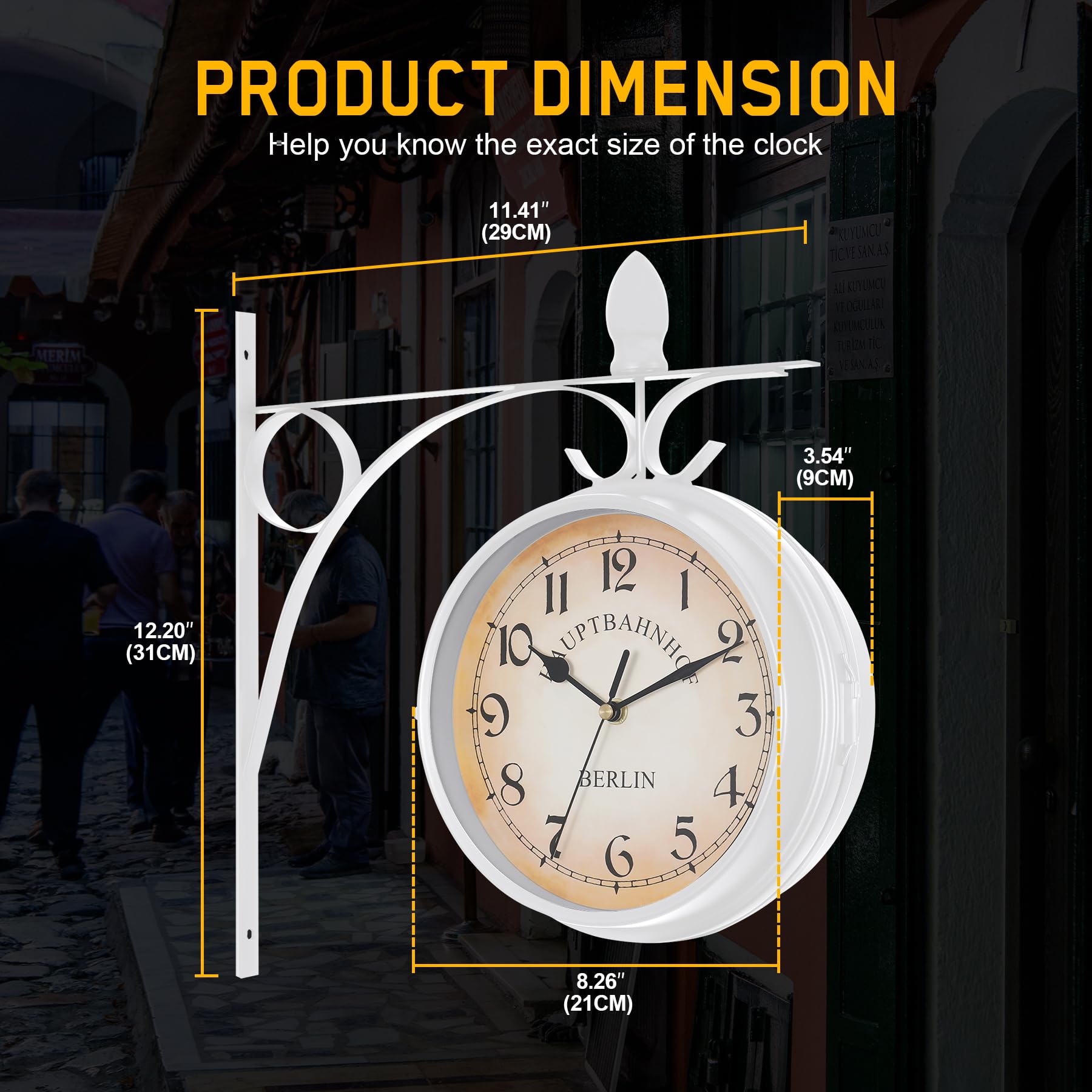 Samger Bahnhofsuhr Doppelseitig Wanduhr Garten Uhr Bahnhof mit Halterung, Retro Vintage-Stil, 29CM, Eisen, New York, Batteriebetrieben, Weiß, Beidseitige Wanduhr für Drinnen und Draußen