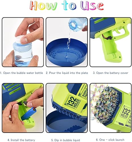 Miniatura 6 de Ametralladora de burbujas pistola de bazuca de burbujas de 132 agujeros con luz TIK-Tok para hacer burbujas de cumpleaños boda fiesta verano