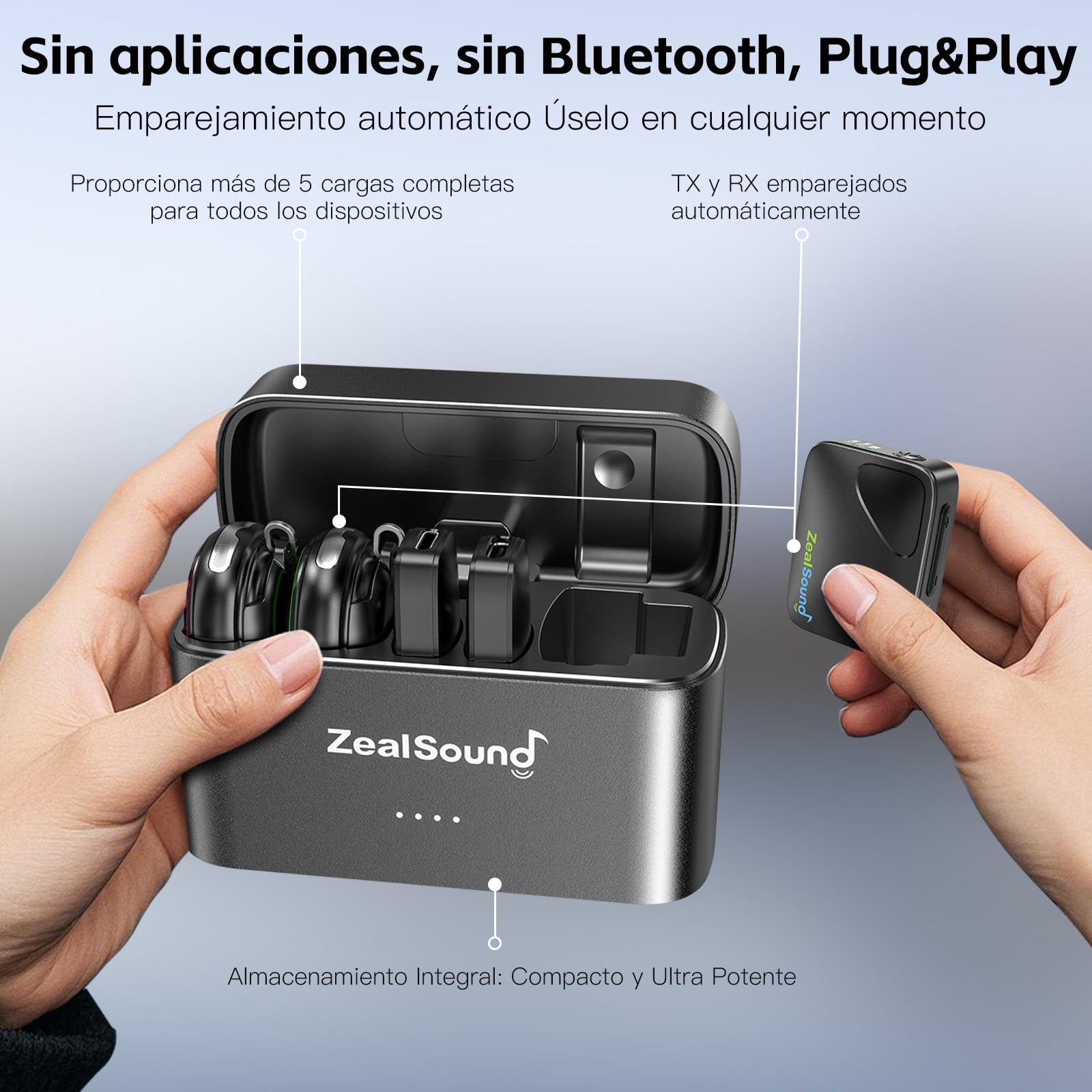 ZealSound Mini Micrófono Inalámbrico(2TX+3RX), micrófono de Solapa para *Phone *Pad cámara DSLR PC, 48 kHz/24 bits con cancelación de Ruido Activa, 300 m, 40 Horas, Hi-Fi Audio, micrófono para Vlog