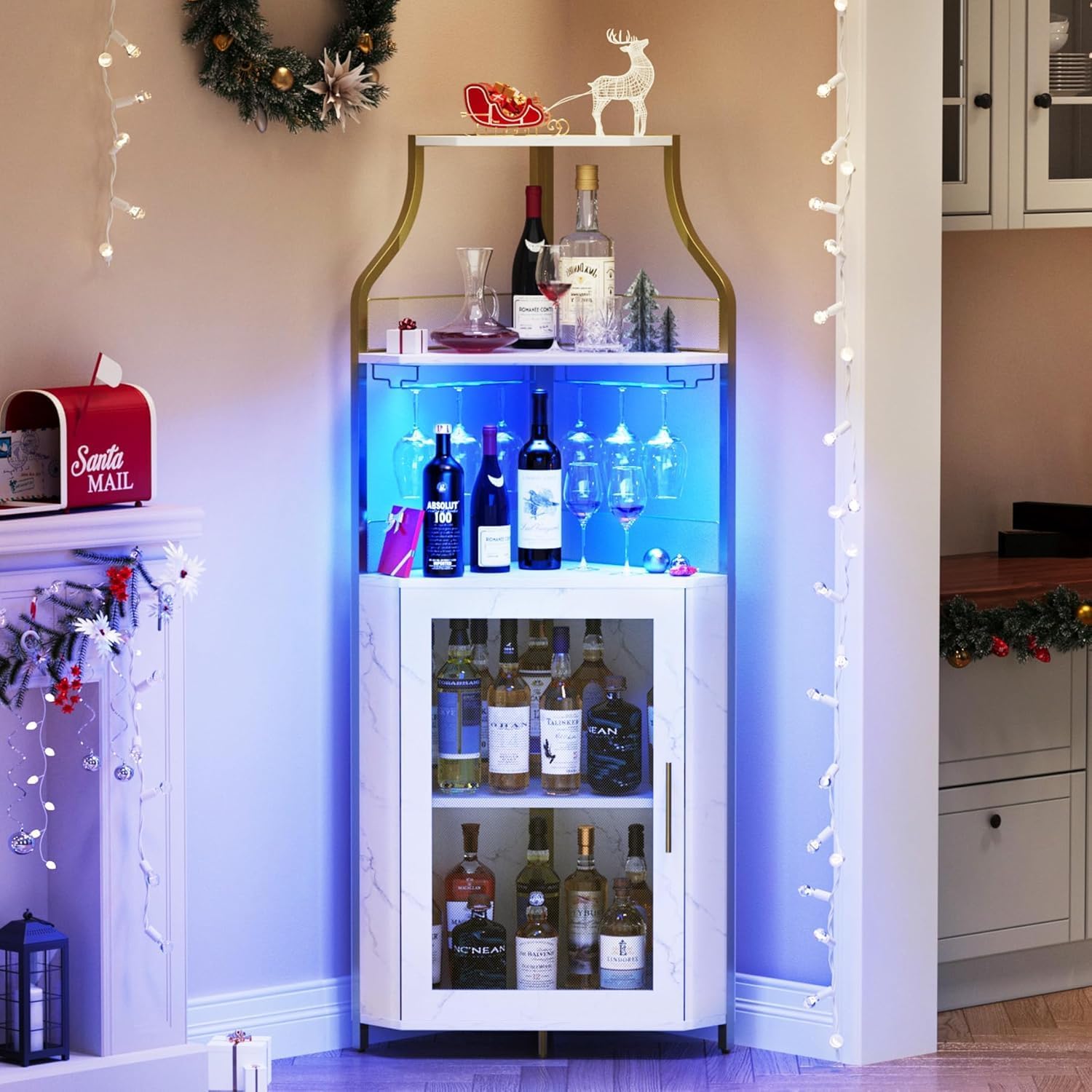 TrailBlaze Corner Bar Cabinet with LED Lights, Wine Bar Cabinet with Adjustable Shelf and Glass Holder 5-Tiers Storage Space Corner Liquor Cabinet Industrial Liquor Cabinet for Small Space, Gold