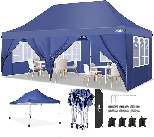 Miniatura 29 de COBIZI Carpa 10x20 Pop Up con paredes laterales, carpa comercial impermeable Ez al aire libre, cenador instantáneo con protección UV 50+ para