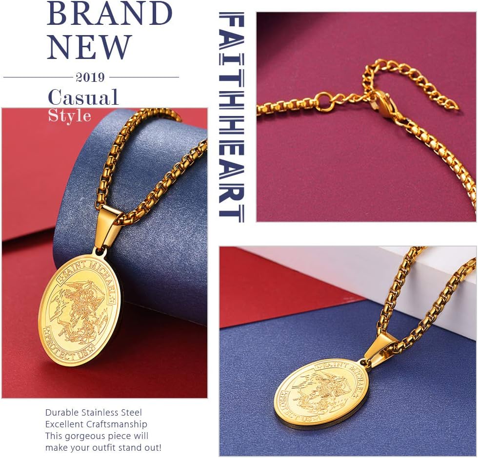 FaithHeart Saint Michael Pendant Necklace, Custom Engravable St. Michael the Archangel Necklace Jewelry (Oval/Gold)