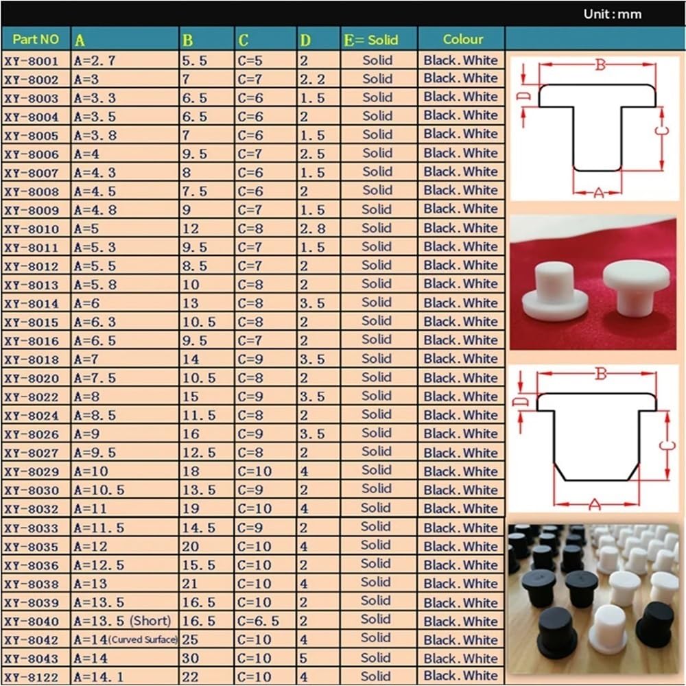 100 Tapones de Sellado Negros Tipo T, Tapones Huecos de Silicona sólida, Tapas de Caucho de Grado alimenticio(13mm)