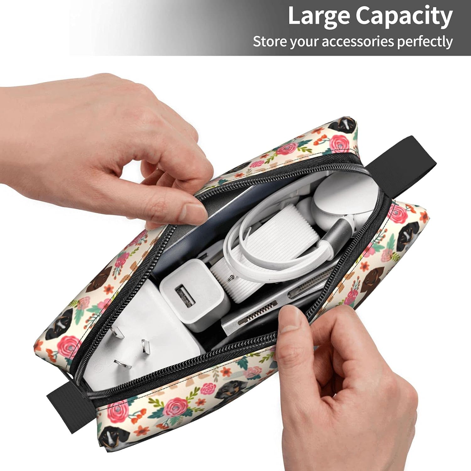 Floral Dachshund Makeup Bag Adorable Travel Cosmetic Toiletry Organizer Case For Women - Image 5