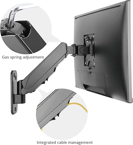Miniatura 5 de SIIG Soporte ergonómico de pared para monitor de un solo brazo de movimiento completo con resorte de gas de aluminio, resistente para pantalla de