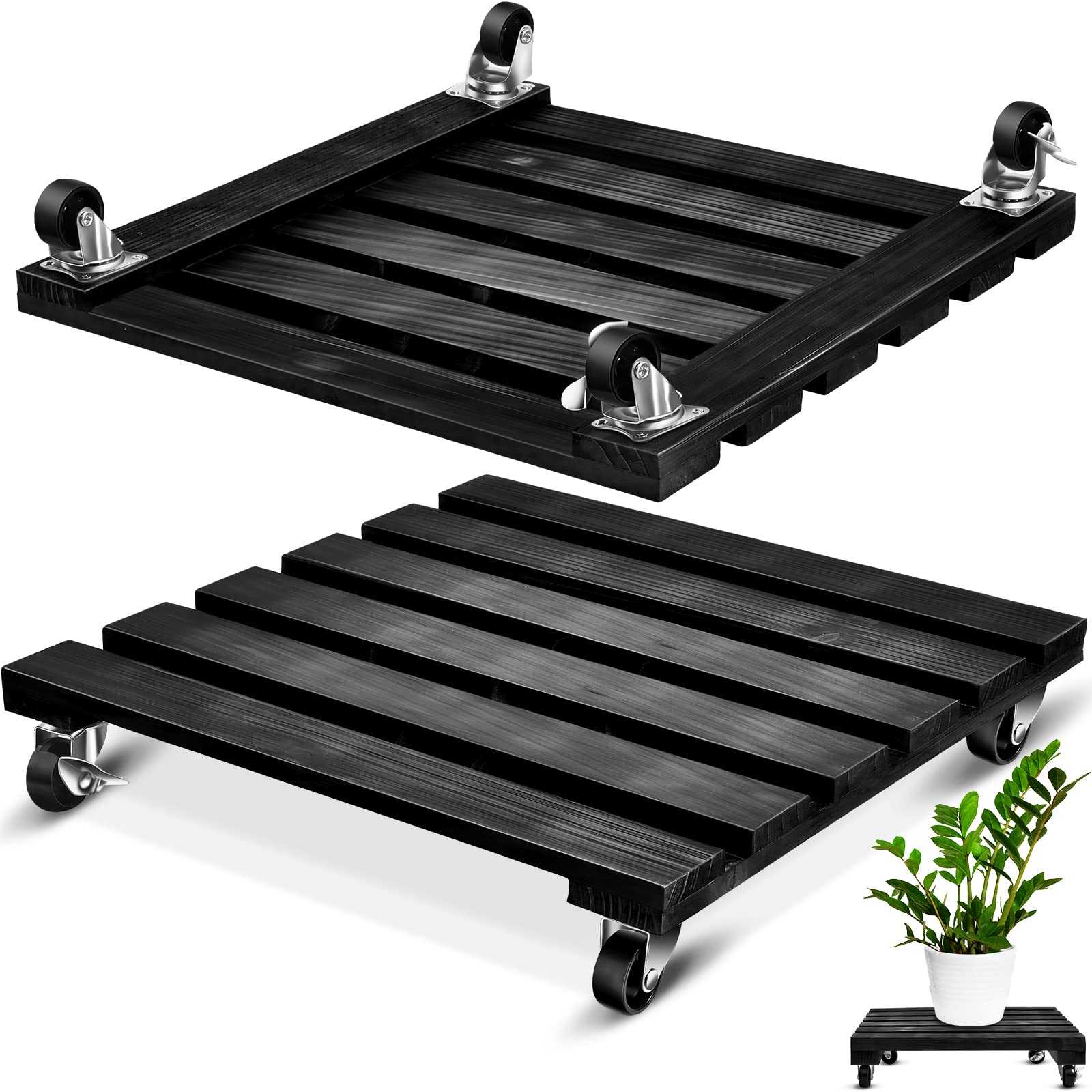 taiyin 2 pack 16 inch plant stand with lockable wheels heavy duty rolling plant stand 220lb wood plant roller base potted plant dolly for outdoor indoor patio planter