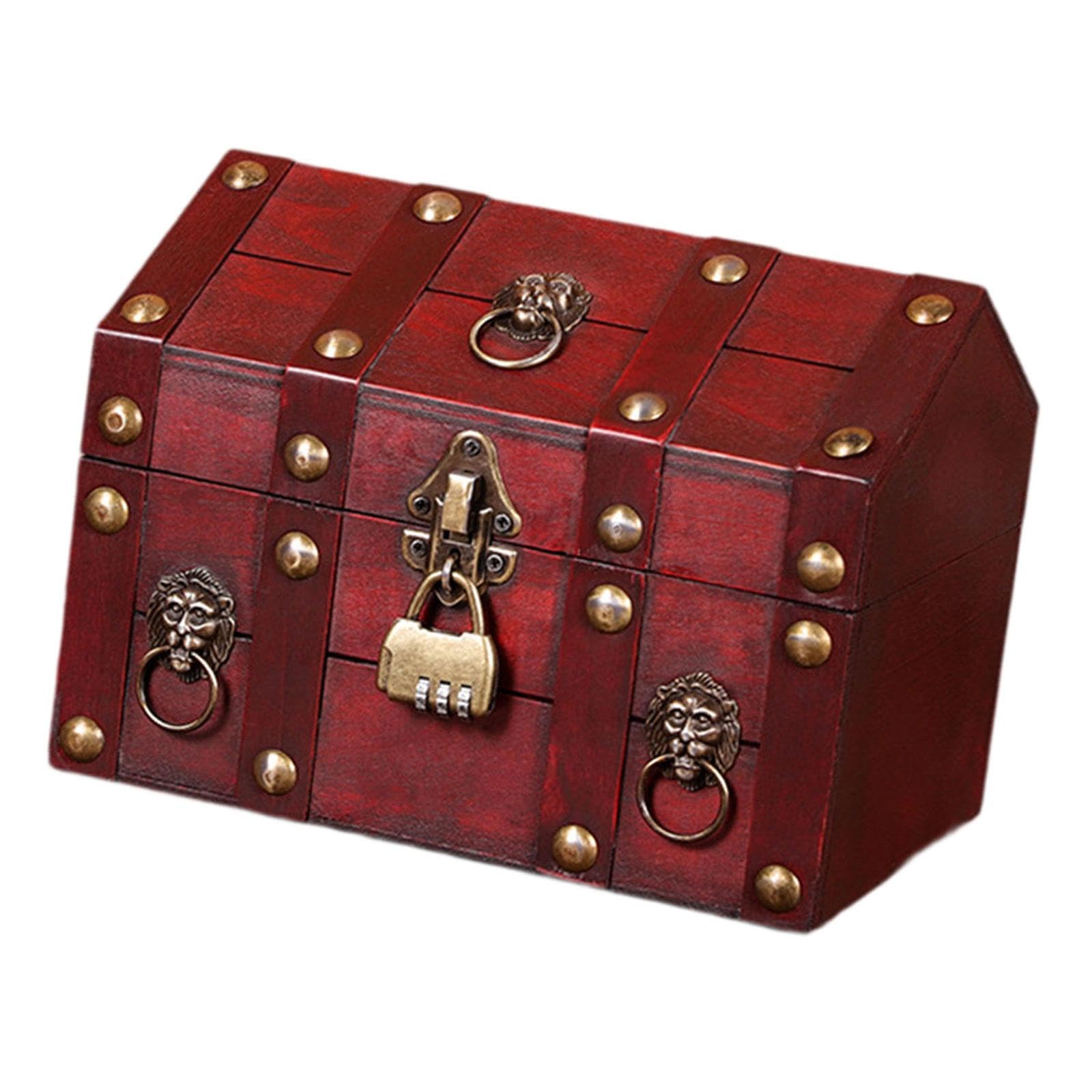 WOVEBIUS Pirate Treasure Chest with Combination Lock Wooden Creative Decorative Trunk Red,24x17x18cm