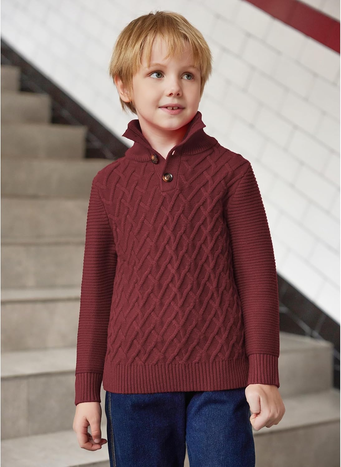 Arshiner Boys Turtleneck Cable Knit Sweater Long Sleeve Button Up Pullover