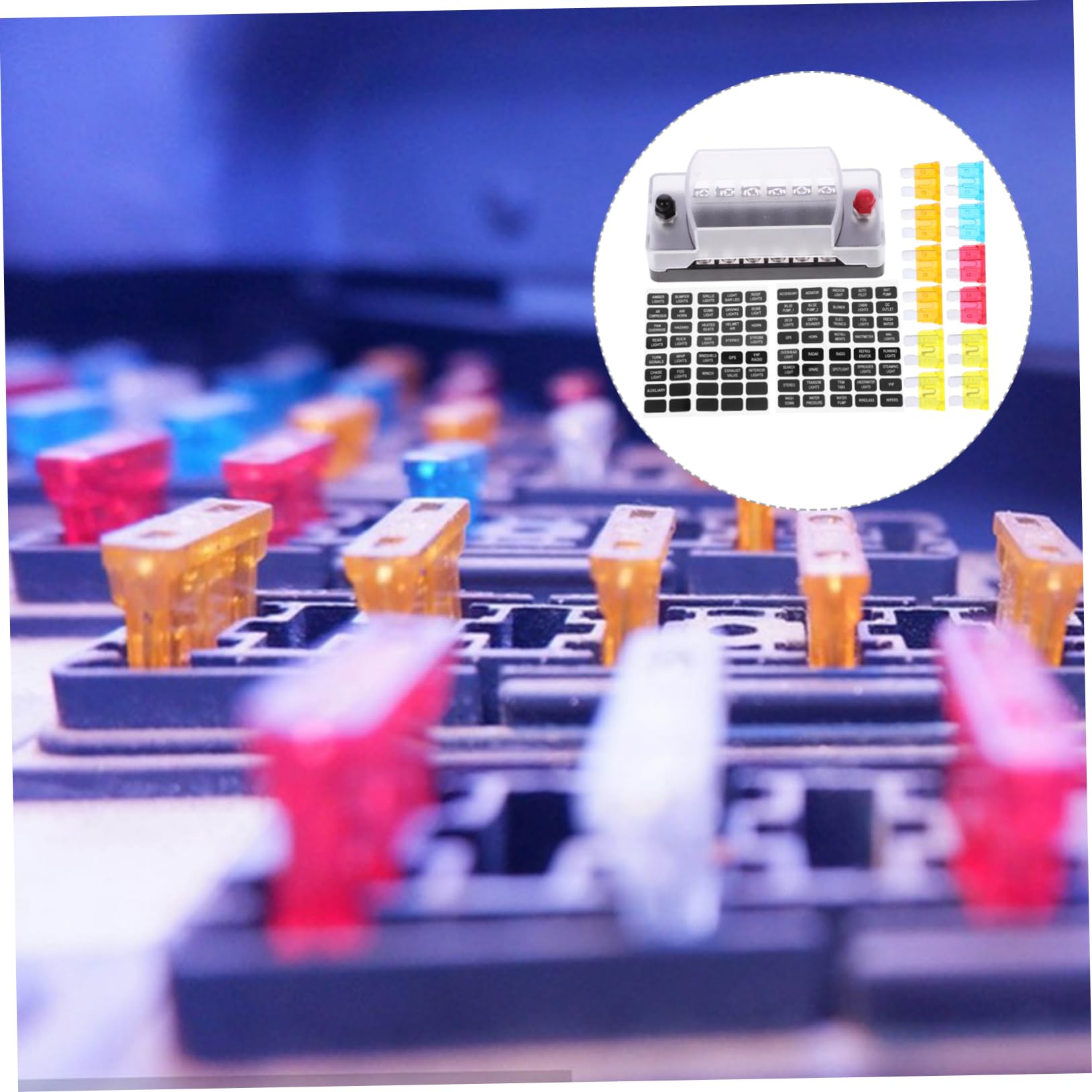 Boîte à Fusibles à 6 Voies 1 Set, Pa66 et Pc, Noir | 12-32 V, 75 A Entrée et 20 A par Circuit, Plaques Autocollantes Incluses