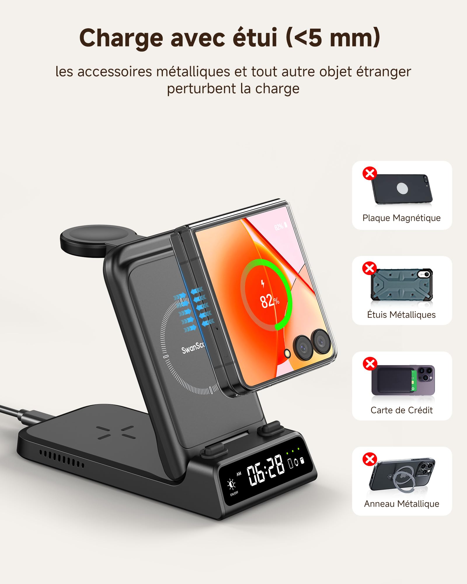 Chargeur Induction pour Samsung Z Flip 8/7/7 Fe, Station de Charge 3 en 1