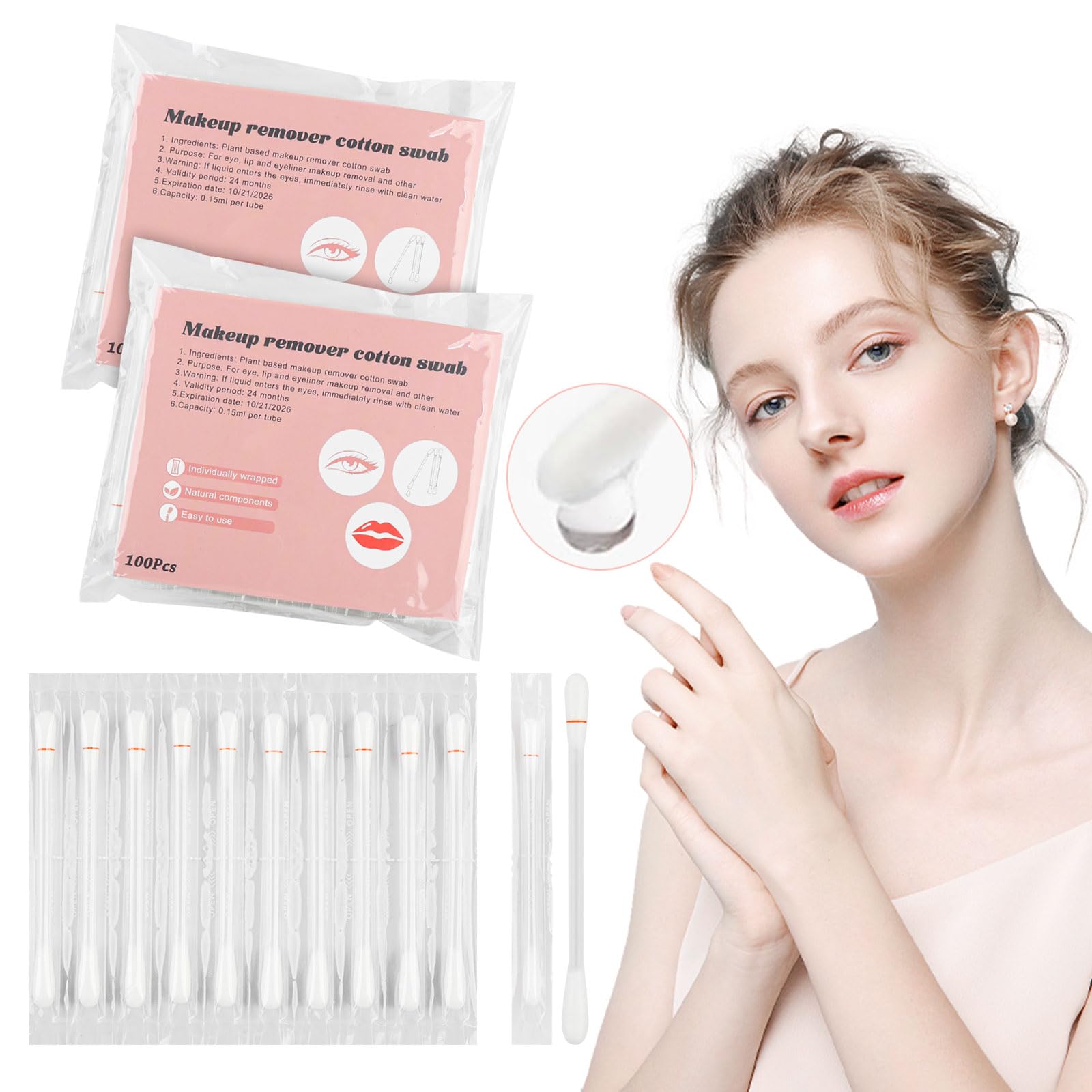 Cotton Swabs,Cotton Makeup Remover Swabs,Eye & Lip Sticks Remover,Liquid-Filled Makeup Remover Swabs Disposable Cotton Swabs for Eye/Lip/Eyebrow/Eyelash Makeup (Pack of 300)
