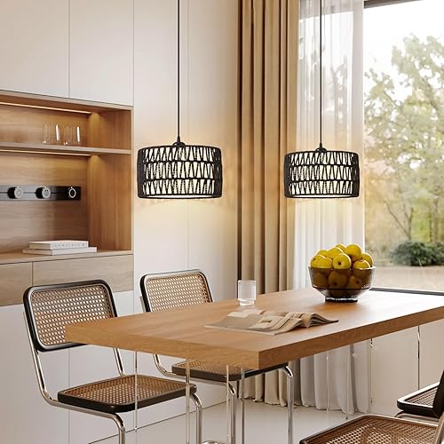 Miniatura 6 de Lámpara colgante enchufable, luces colgantes de ratán con cable enchufable, pantalla tejida y de tela 2 en 1, lámpara colgante enchufable para