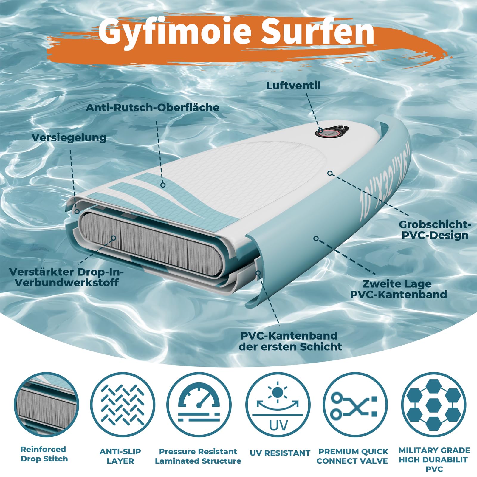 Gyfimoie 325cm Premium Stand Up Paddling Board, SUP Board Set, Aufblasbar, Mit Universal Kamerahalterung, Komplettes Zubehör, Verstellbares Paddel, für Anfänger, Fortgeschrittene