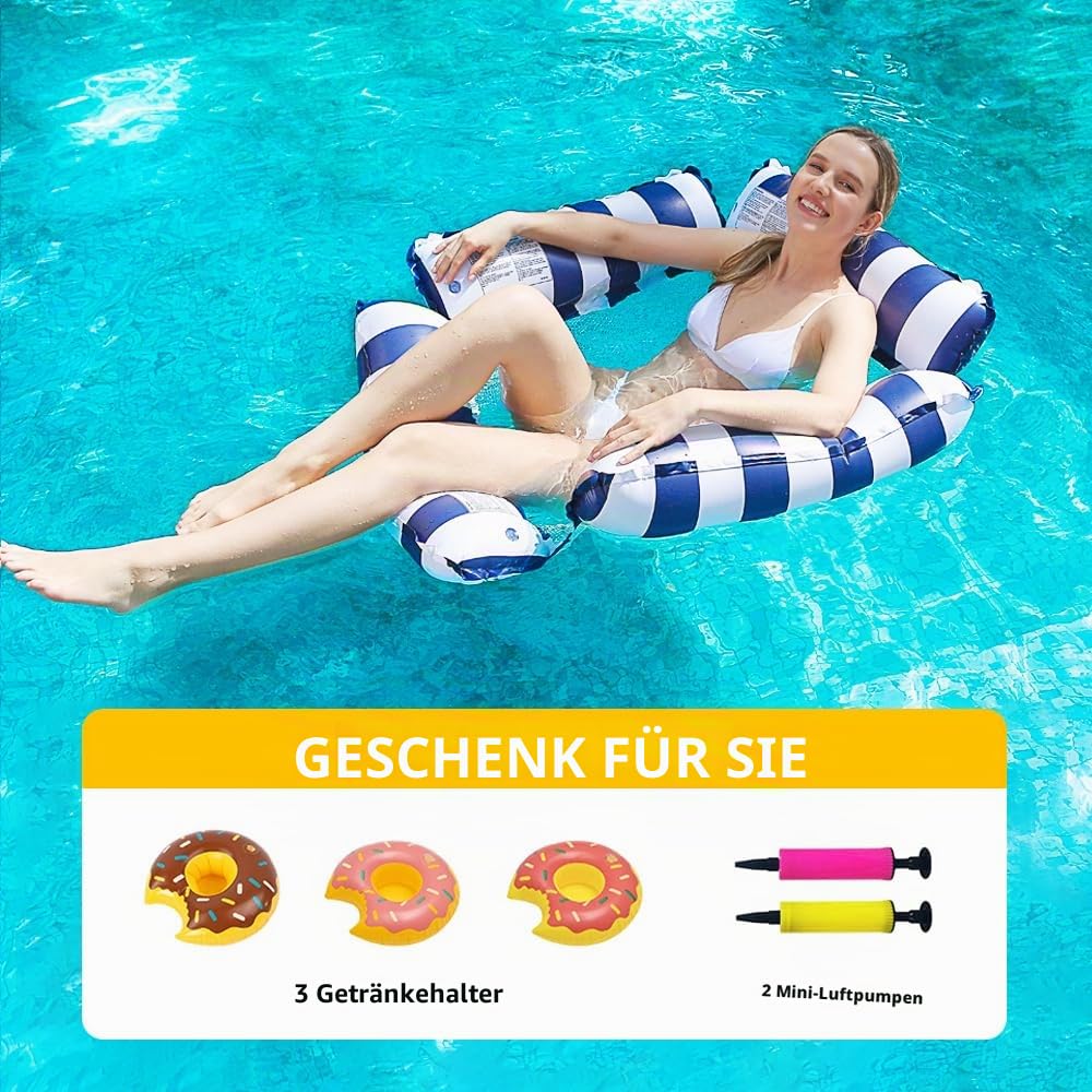 3 Pack Pool Float Chair Lounge für Erwachsene, Aufblasbare Pool Floats 4-in-1 Mehrzweck-Poolschwimmer Wasserhängematte mit Getränkehaltern