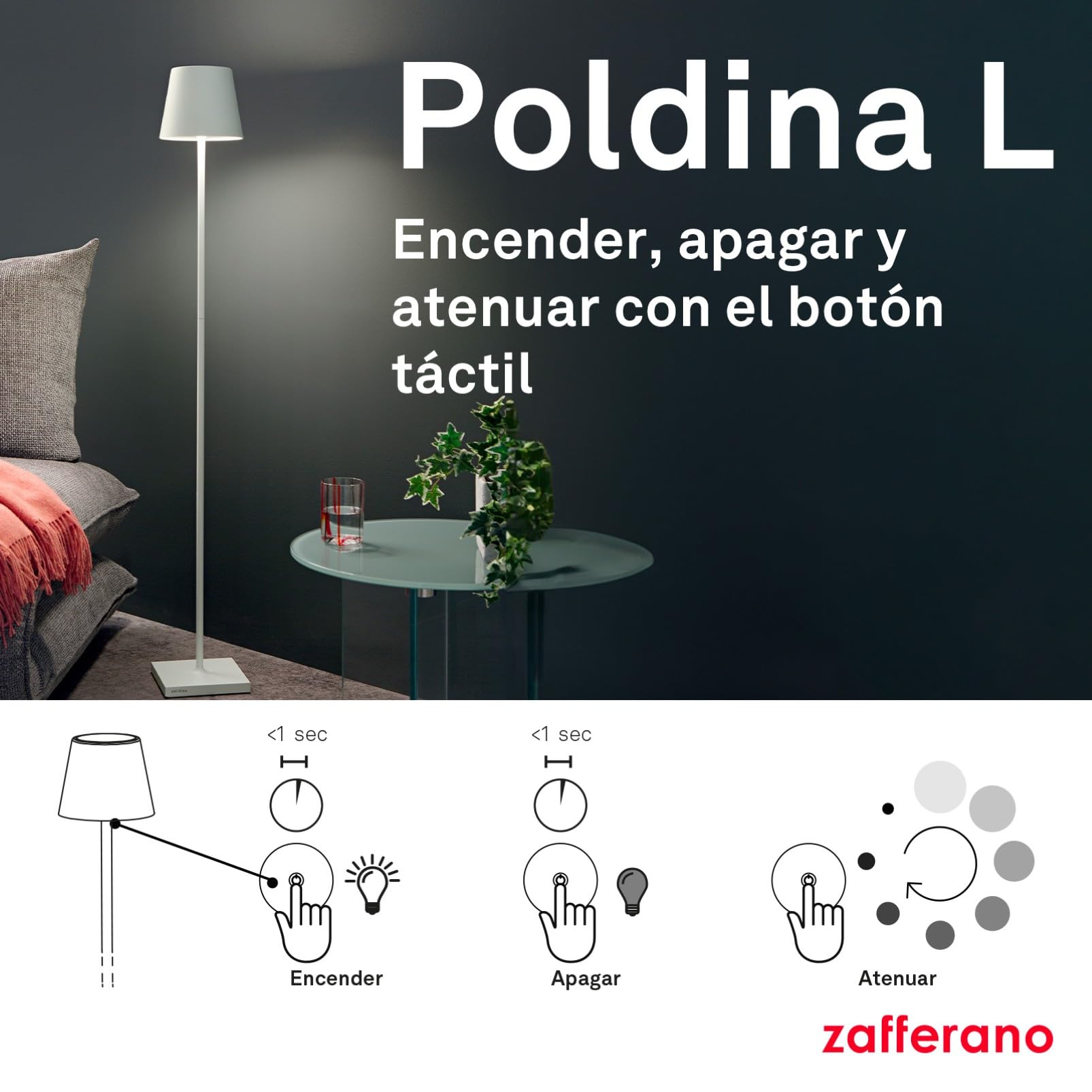 Zafferano, Lámpara Poldina L, Lámpara de Pie Recargable e Inalámbrica con Control Táctil, Adecuada para Interior y Exterior, Atenuador, 2200-3000 K, Altura Ajustable 52-122 cm, Color Gris Oscuro