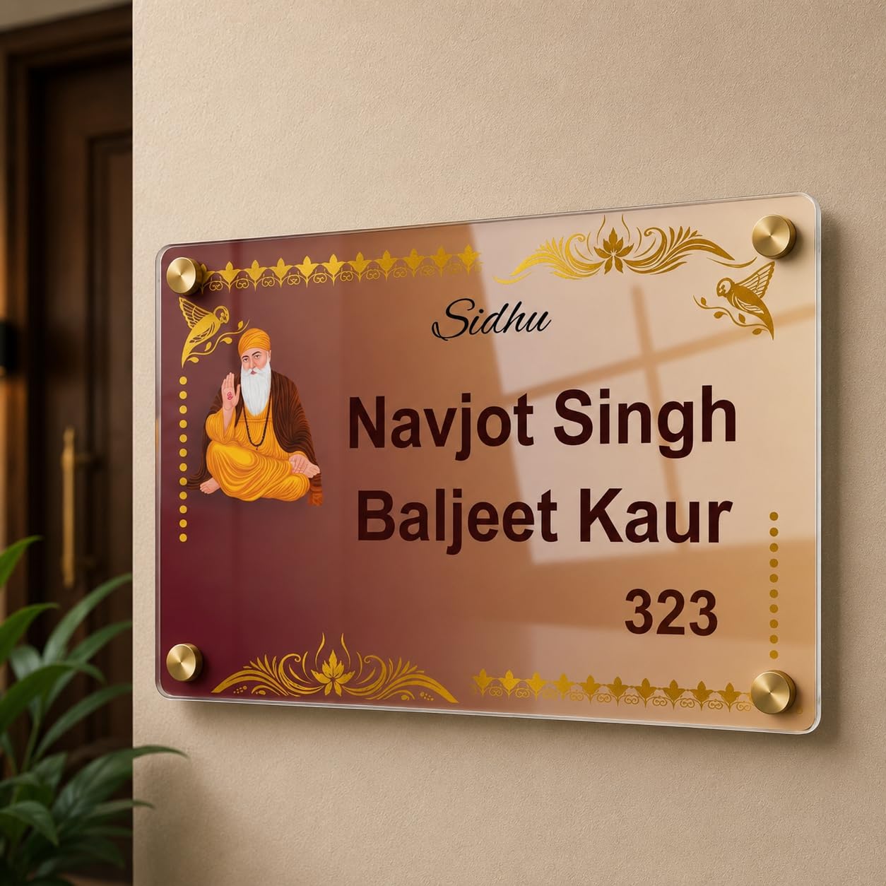 Customized Waheguru Name Plate for Home Entrance Door | Personalized Family Name Board with House Number (8 x 12 Inch)-image-8