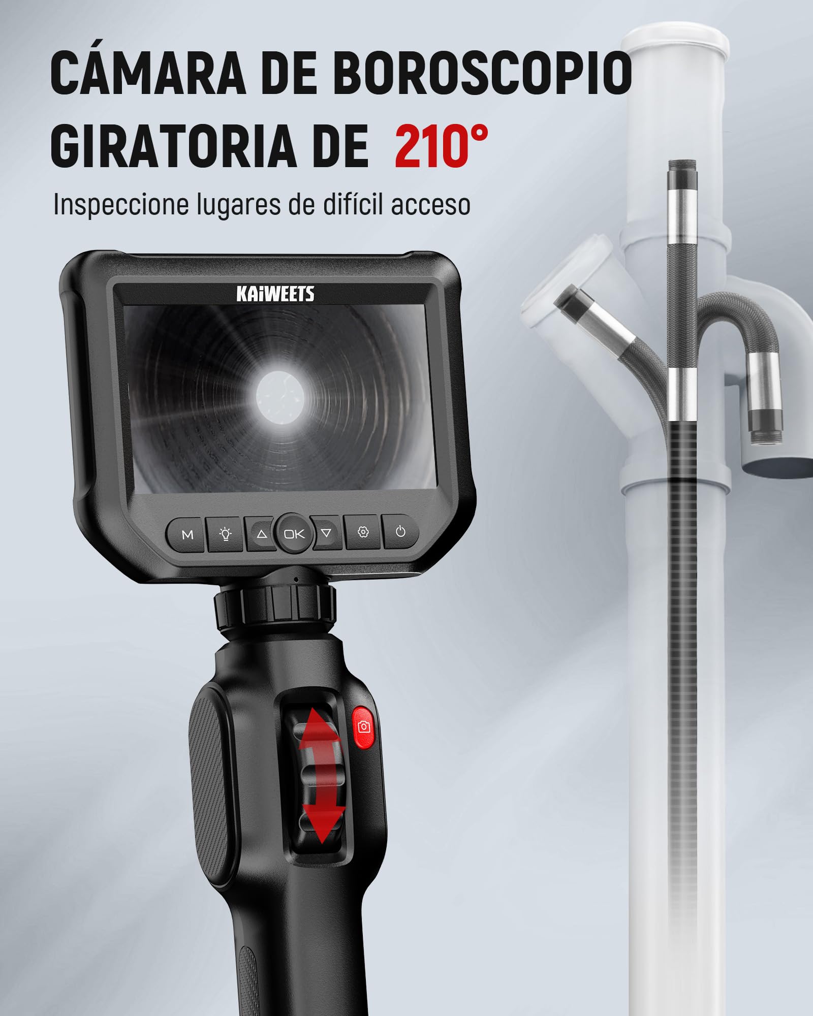 KAIWEETS Endoscopio Cámara de Inspección, IPS HD 1080P Cámara Endoscópica con Control de Rueda, Rotación Bidireccional 210°, 1,5M IP67 Impermeable para Inspección de Automóviles y Motores