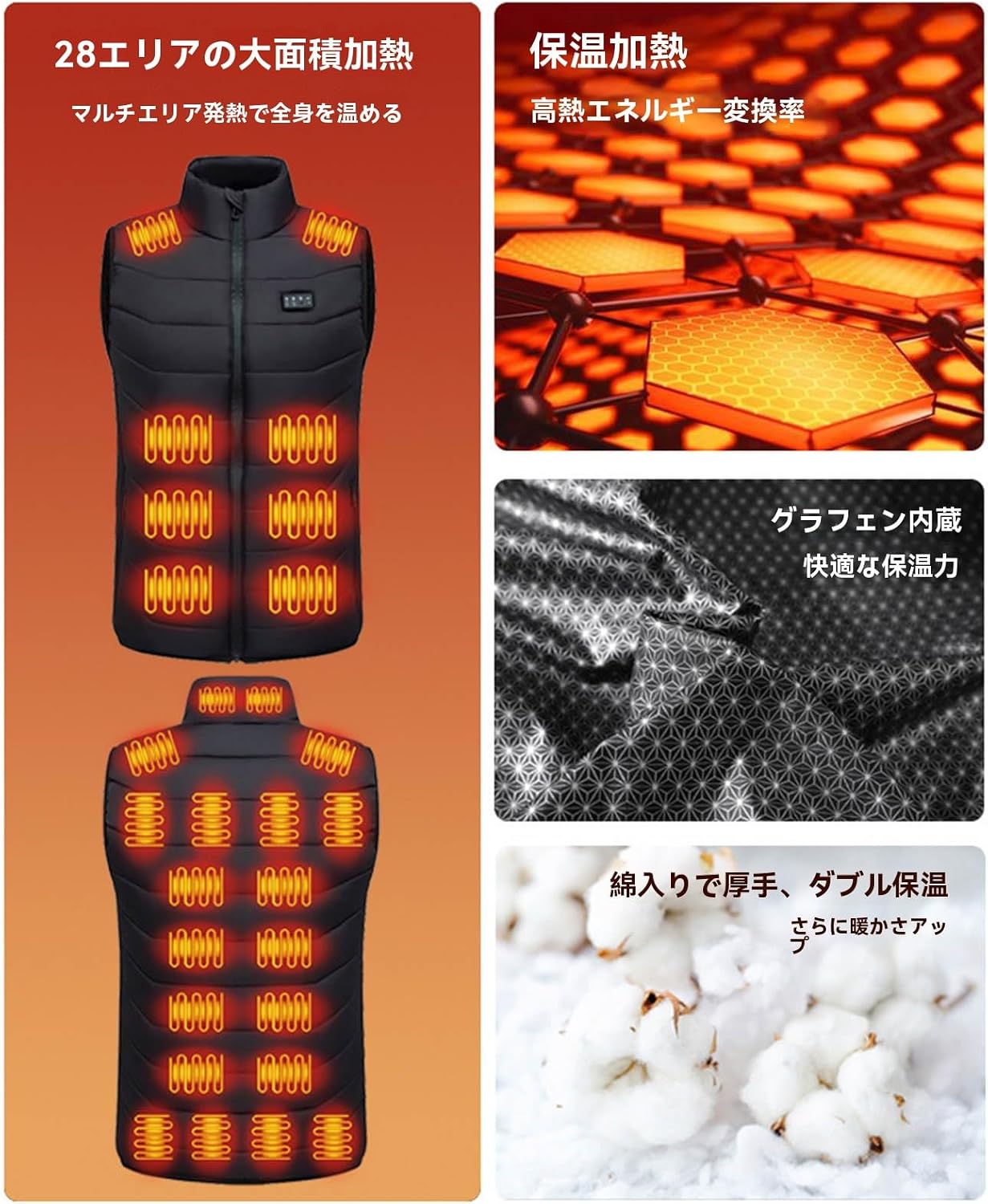 電熱ベスト 28箇所発熱 中綿 超軽量 急速発熱 USB給電式 3段階温度調整 