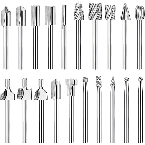 20Pc HSS Router Carbide Engraving Bits and Router Bit Set with 1/8"(3mm) Shank for Power Rotary Tools Accessories for DIY Woodworking, Carving, Engraving, Drilling, Sculpting