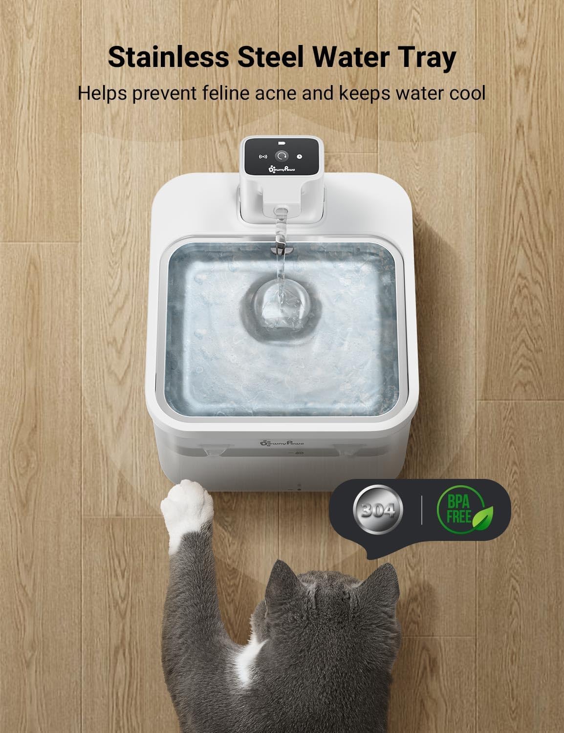 DownyPaws White Stainless Steel Cat Water Fountain Battery Operated Wireless with 6pcs Filter Replacement for 3 Months