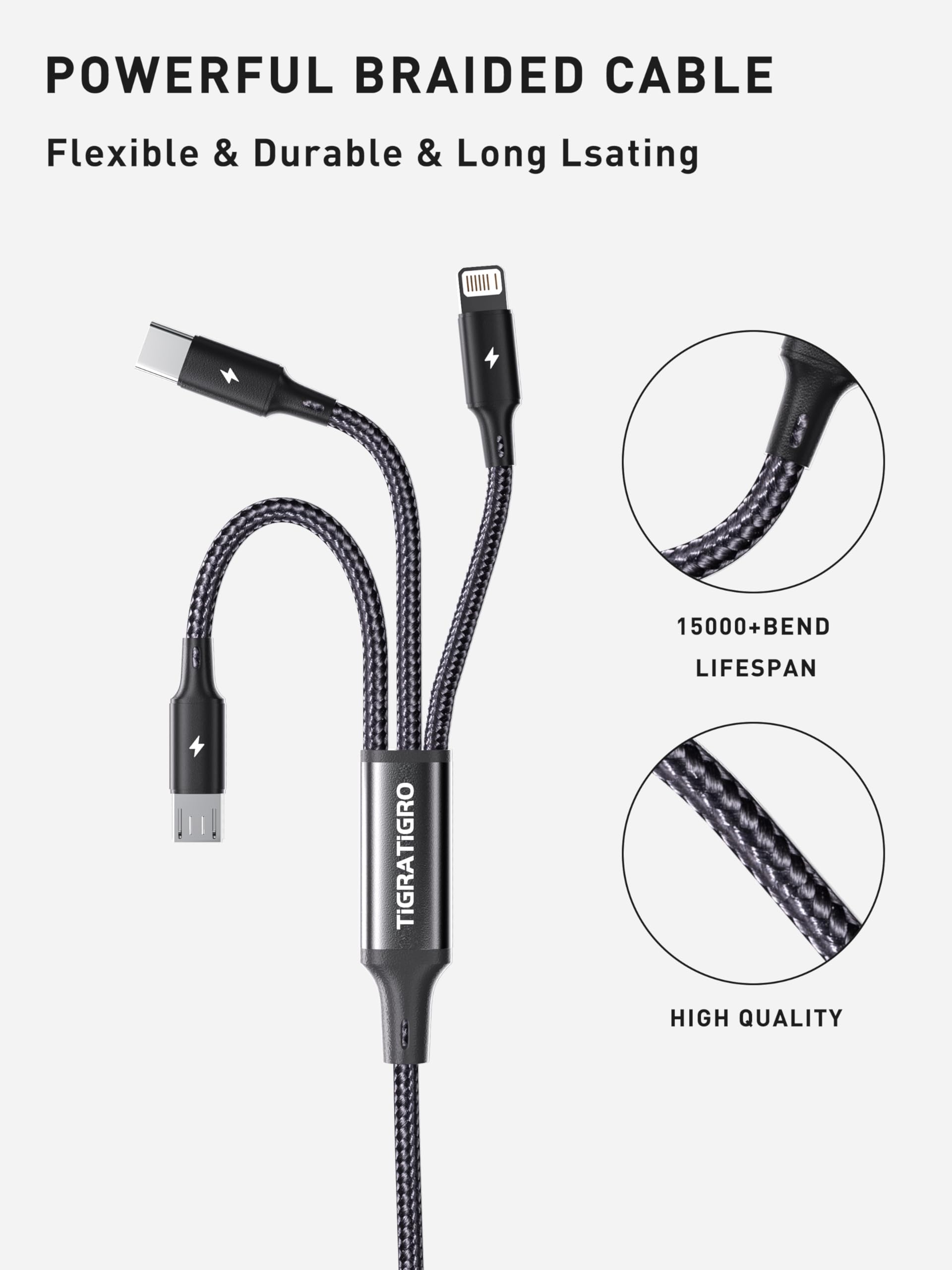 tigratigro Multi Cavo di Ricarica, 4 in 1 Multiplo Cavo USB 1.8M, Nylon Intrecciato Cavetto USB A/C a Light-ning/Tipo C/Micro per iPhone/Galaxy/Android/Tablet