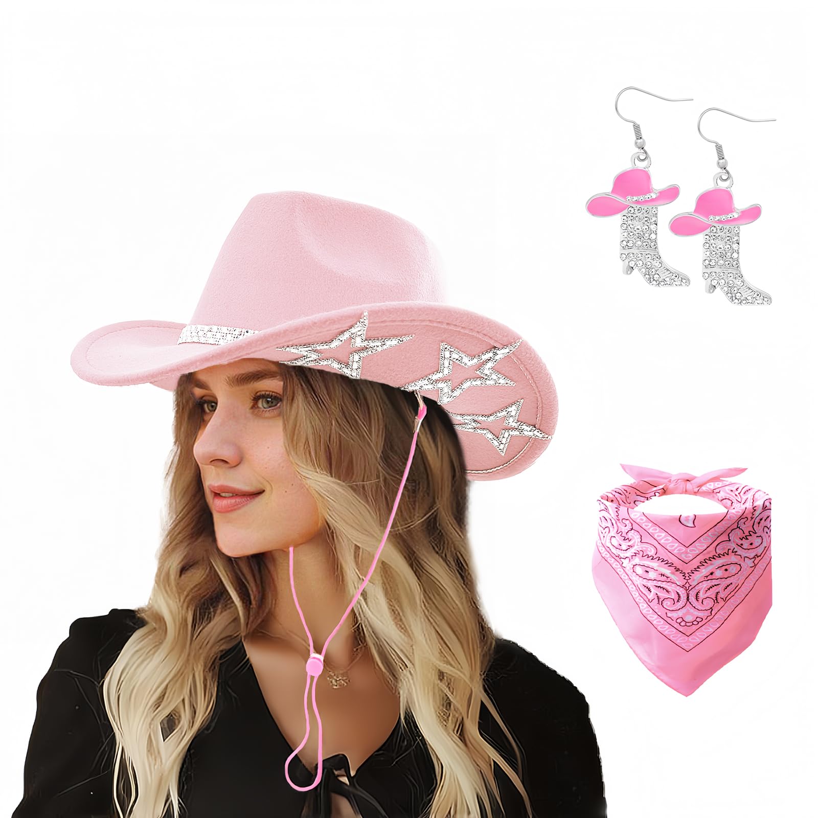 DAJOOEE Cowgirl Hat with Bandana & Heart Sunglasses | Glitter Star Cowboy Hat | Western Sparkly Hats for Women & Men (UK, Alpha, One Size, M, Cowgirl Pink)