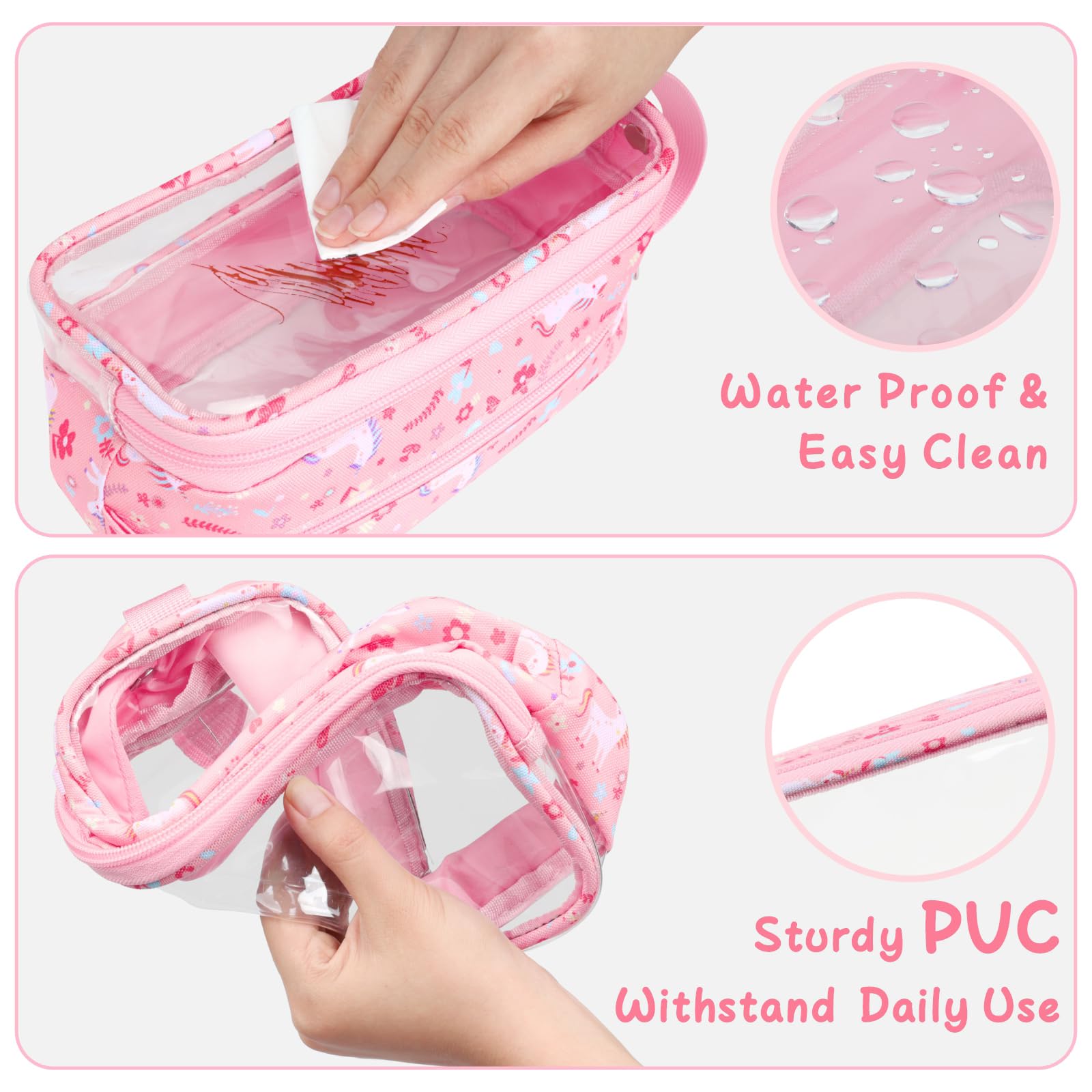 Bagseri Trousse à crayons transparente pour filles – Jolie trousse à crayons pour filles avec poignée – Grande trousse à crayons transparente à fermeture éclair (licorne rose)