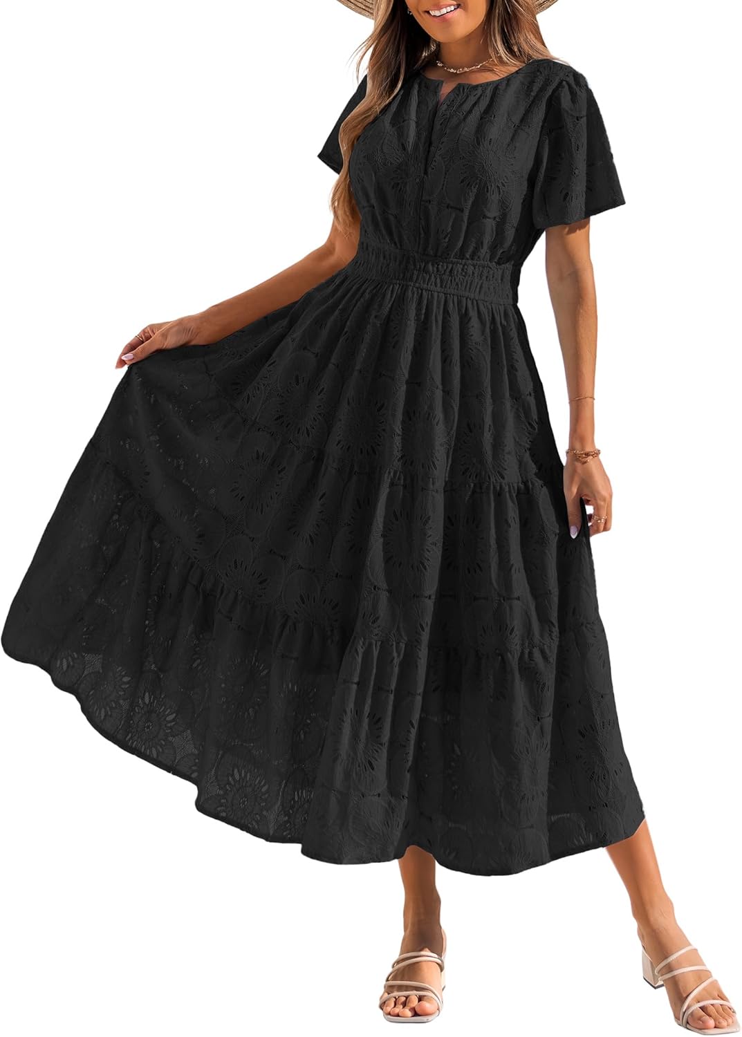 Summer Flowy Maxi Dresses for Women 2026 Spring Vacation Eyelet Lace Short Sleeve Wedding Guest Casual Boho Dresses