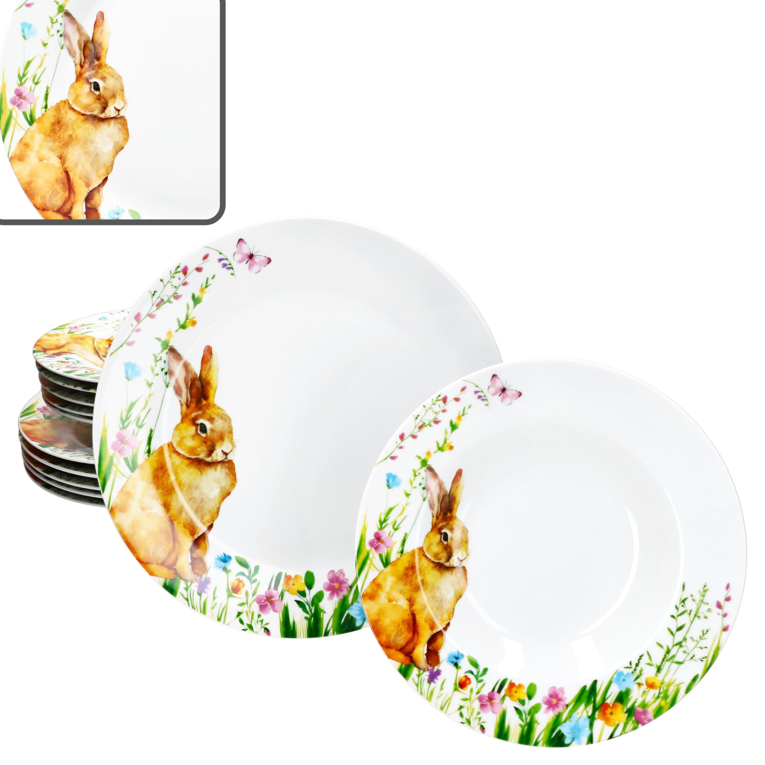 Servizio Da Tavola Primaverile 12 Pezzi - Porcellana Con Coniglietto Pasquale Per 6 Persone - Foto 8