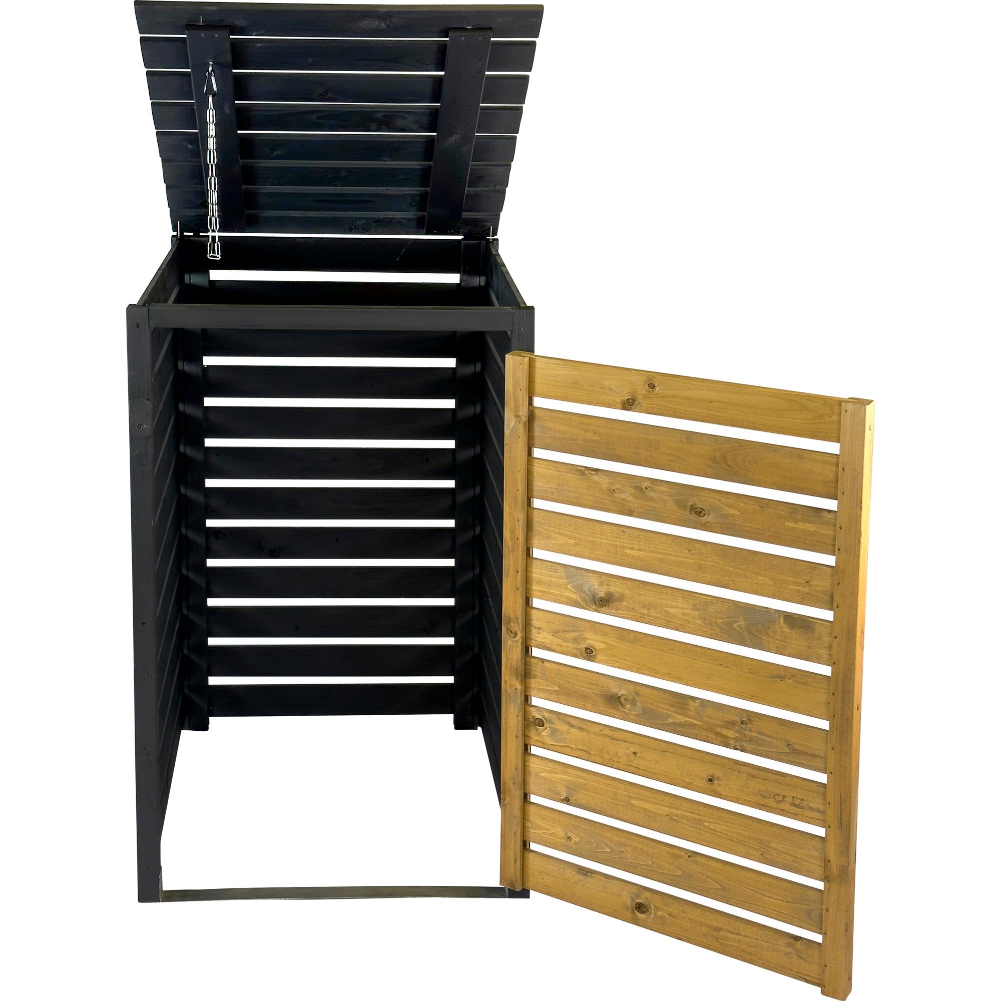 dobar® Green Label Mülltonnenverkleidung 1er 120 L aus Holz in Braun-Schwarz als Bausatz - Mülltonnenbox mit Deckel und Schwingtür zweifarbig - 67 x 64 x 94 cm