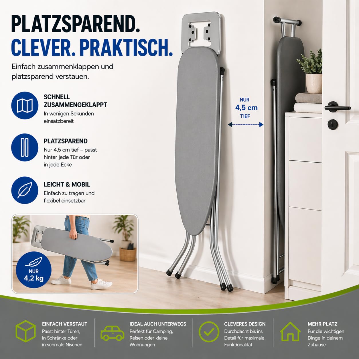 VELORA ® Bügelbrett [105x30 Bügelfäche] mit rutschfesten Füßen – robuster Bügeltisch – extra stabiles Bügelbrett [Made IN EU] höhenverstellbar (grau)