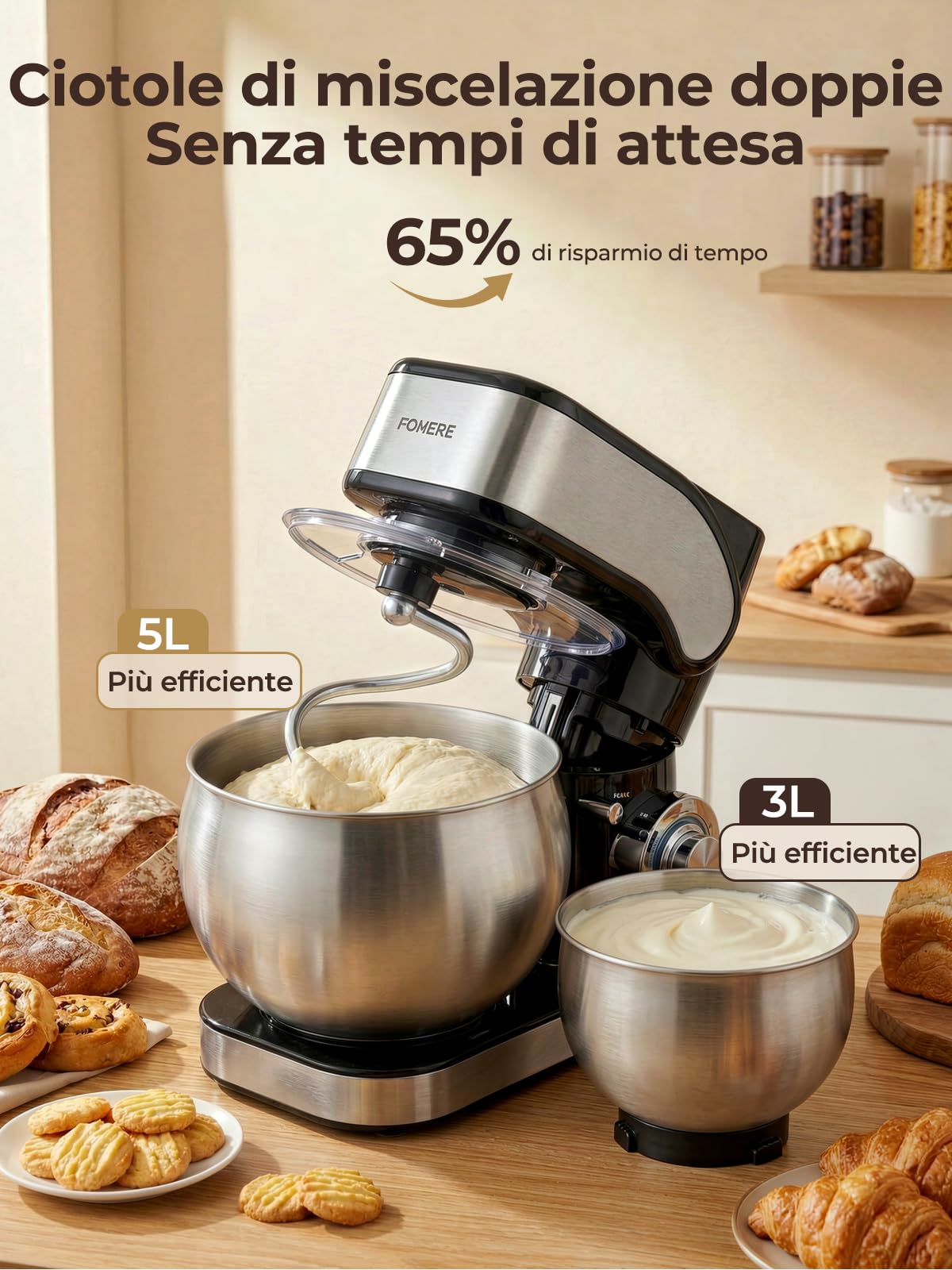Impastatrice Planetaria con 5L + 3L Doppia Ciotola in Acciaio Inox, Uncino Impastatore Migliorato, Impastatrice a Spirale 6+P Velocità, 1300W, per Pane, Pizza, Dolci e Pasticceria Domestica