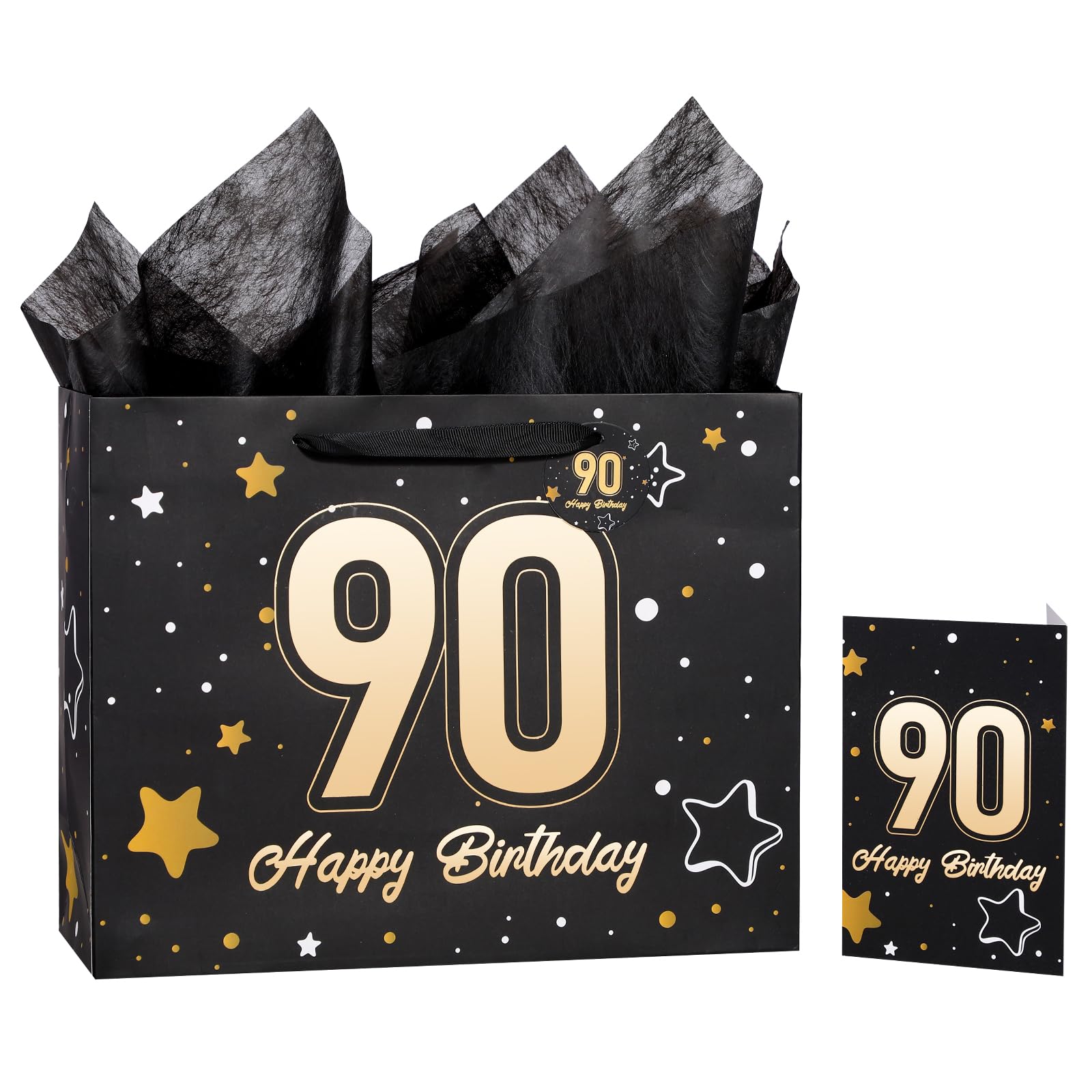 Powbrace 13" Birthday Gift Bag with Tissue Paper &amp; Card(Black 90th)