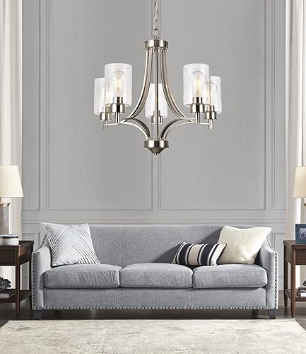 Miniatura 4 de BOZO Moderno candelabro de 5 luces de níquel cepillado para comedor con pantalla de vidrio transparente colgante de techo para cocina pasillo