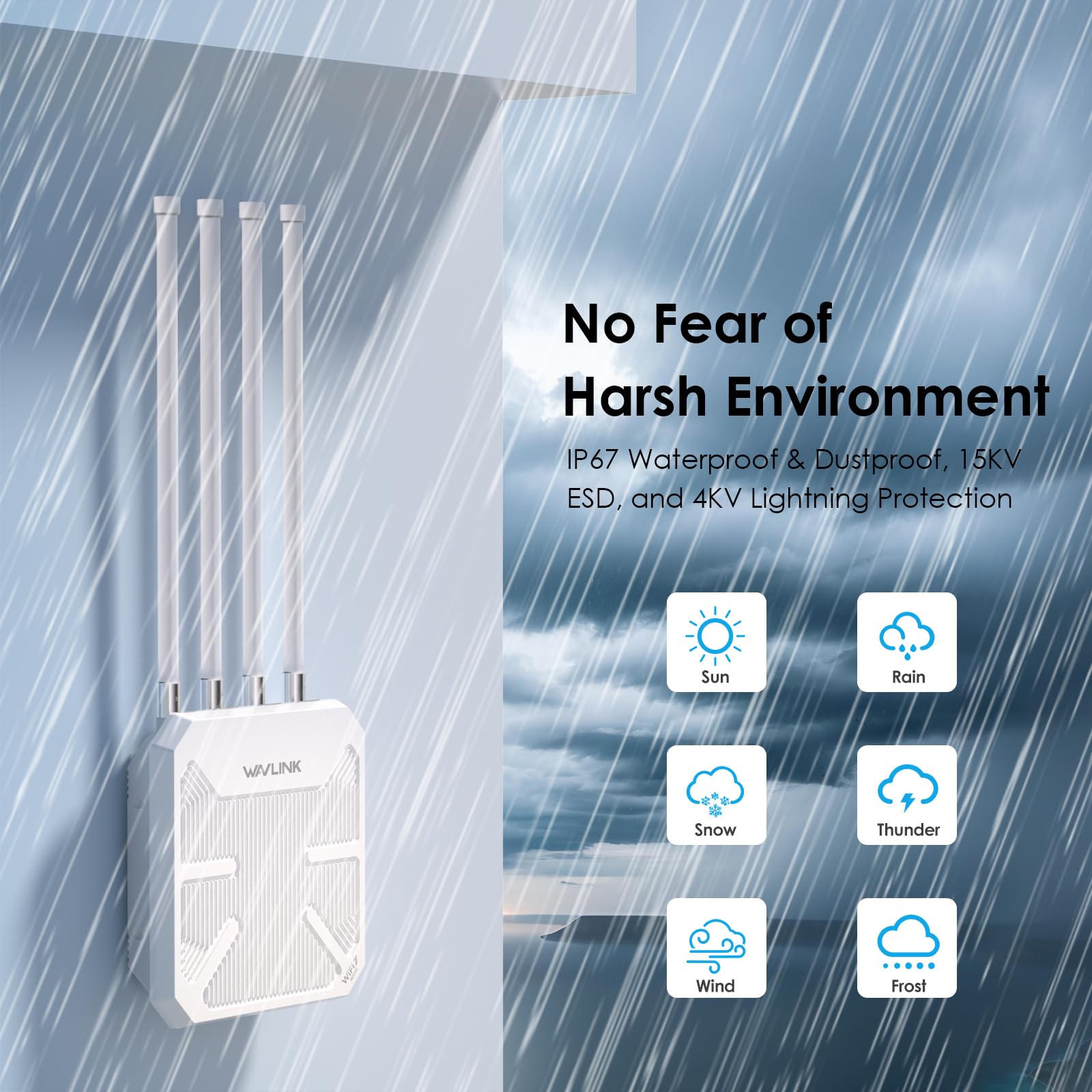 Router WiFi 7 WAVLINK Exterior BE5100 Mesh, Repetidor, Punto de Acceso, IP67 Impermeable, Protección Antirrayos 4KV, PoE Activo/Pasivo, Antenas 8dBi, Largo Alcance para Zonas Rurales y Empresas