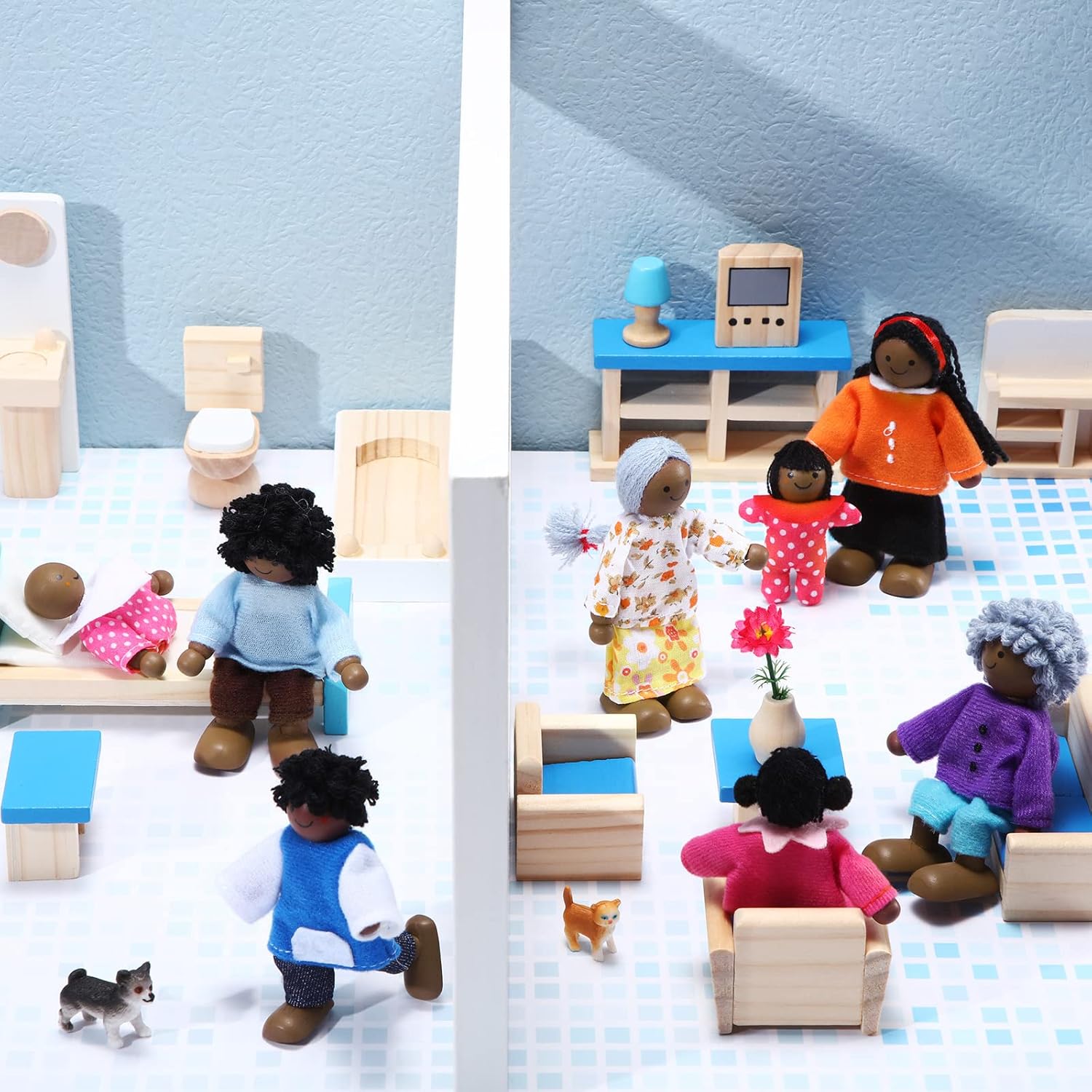 Skylety 10 Pcs Wooden Dollhouse Set of Mini People Figures Dollhouse Dolls Wooden Doll Play Figures Accessories(Cute Style)