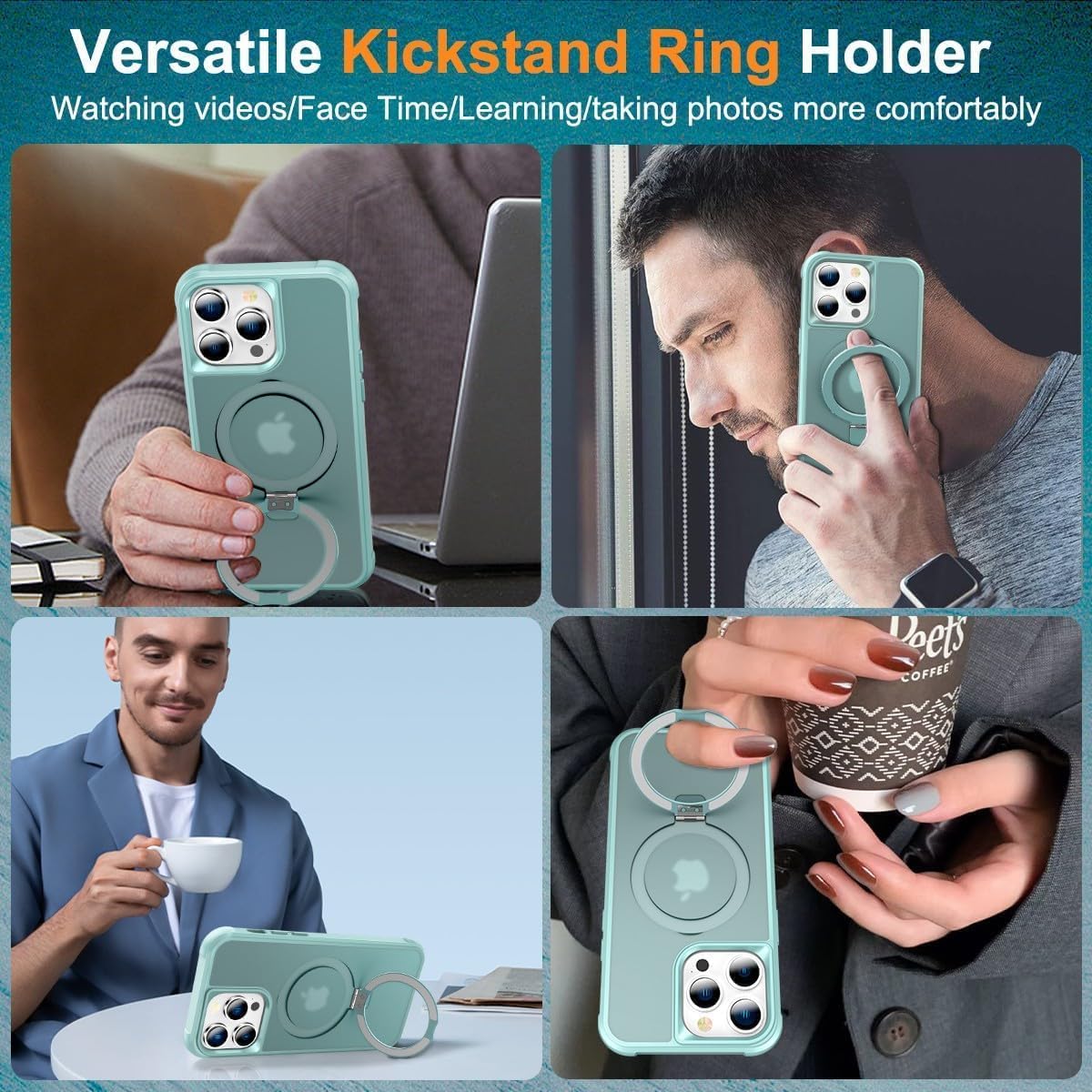 CHAOFEnG Magnetic Compatible with iPhone 13 Pro Case with Stand [Military Grade Drop Tested][Compatible with Magnet] Ring Translucent Slim Hard Back Soft Edge, Teal Green