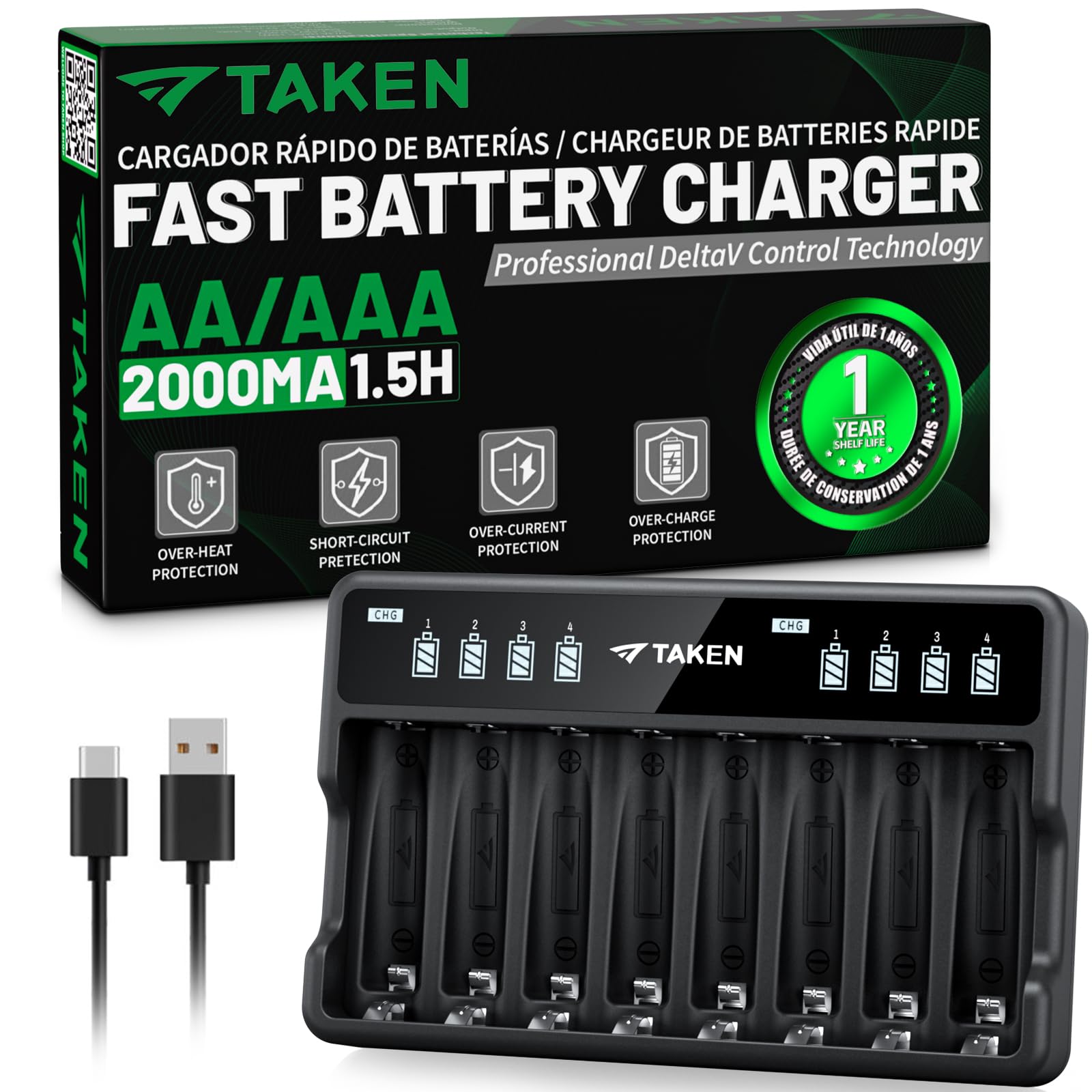 Taken Battery Charger AA AAA, 8 Bay Double/Triple A Ni-MH Ni-CD Rechargeable Batteries Chargers with Type-C Cable
