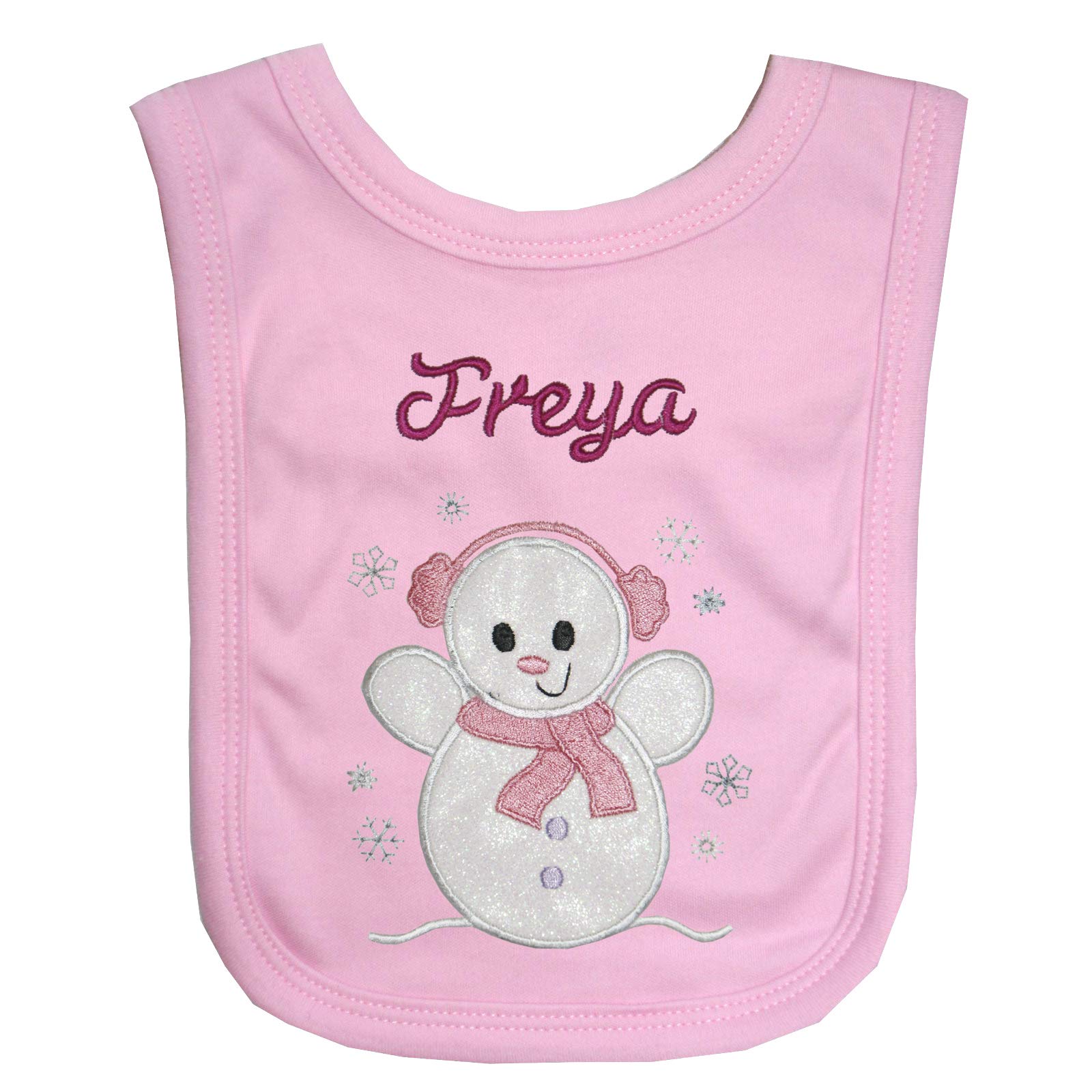 Oh Sew Simple Girls Pink Winter Snowman Personalised 1St Christmas Bib - Embroidered With The Name Of Your Choice (11 Letters Max) (Pink)