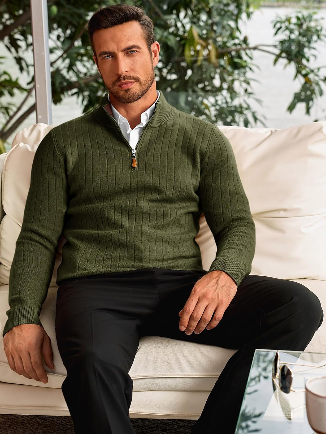 Runcati Mens Quarter Zip Sweater Mock Neck Casual Ribbed Knit Pullover Fall Lightweight Polo Sweaters - Image 3