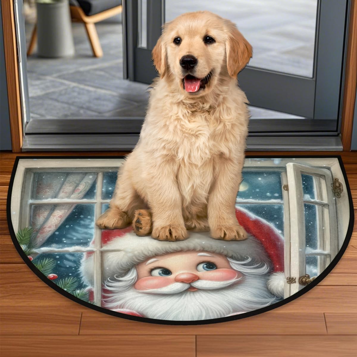 Christmas Half Round Door Mat Christmas Decor Xmas Cute Santa Claus Washable Non-Slip Doormat Welcome Semi Circle Area Rug Half Moon Rug Semi Floor Rugs Indoor Entrance Kitchen Bedroom Decorative Gift